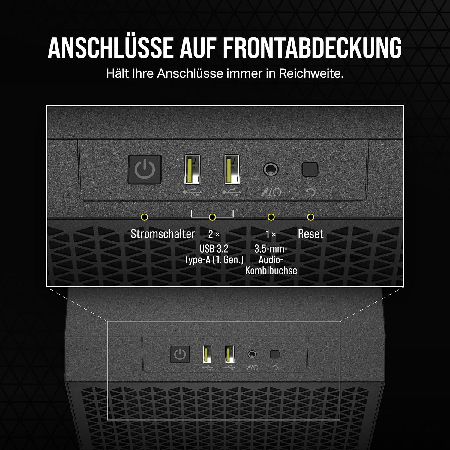 Schwarze Computer-Frontplatte mit Power-Taste, USB-Anschlüssen, Audioanschluss und Reset-Taste. Deutscher Text.