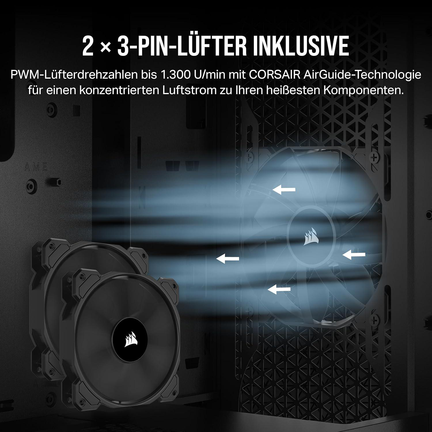 Zwei schwarze Computerlüfter mit dem Corsair-Logo und Text zum Produkt, mit einigen Pfeilen, die auf die Lüfter zeigen.
