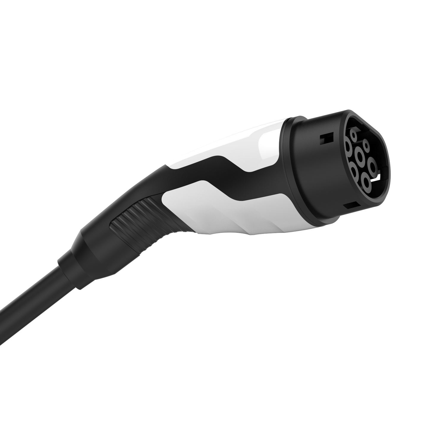 Een oplaadconnector voor elektrische voertuigen. De connector is zwart en wit. Hij heeft meerdere pinnen.