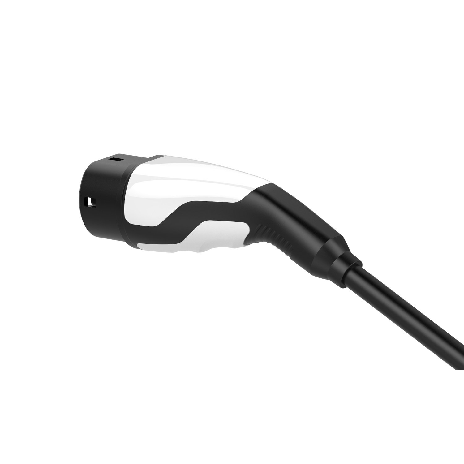 Een oplaadstekker voor elektrische voertuigen op een witte achtergrond. Hij is zwart en wit met een zwarte kabel die uit de stekker komt.