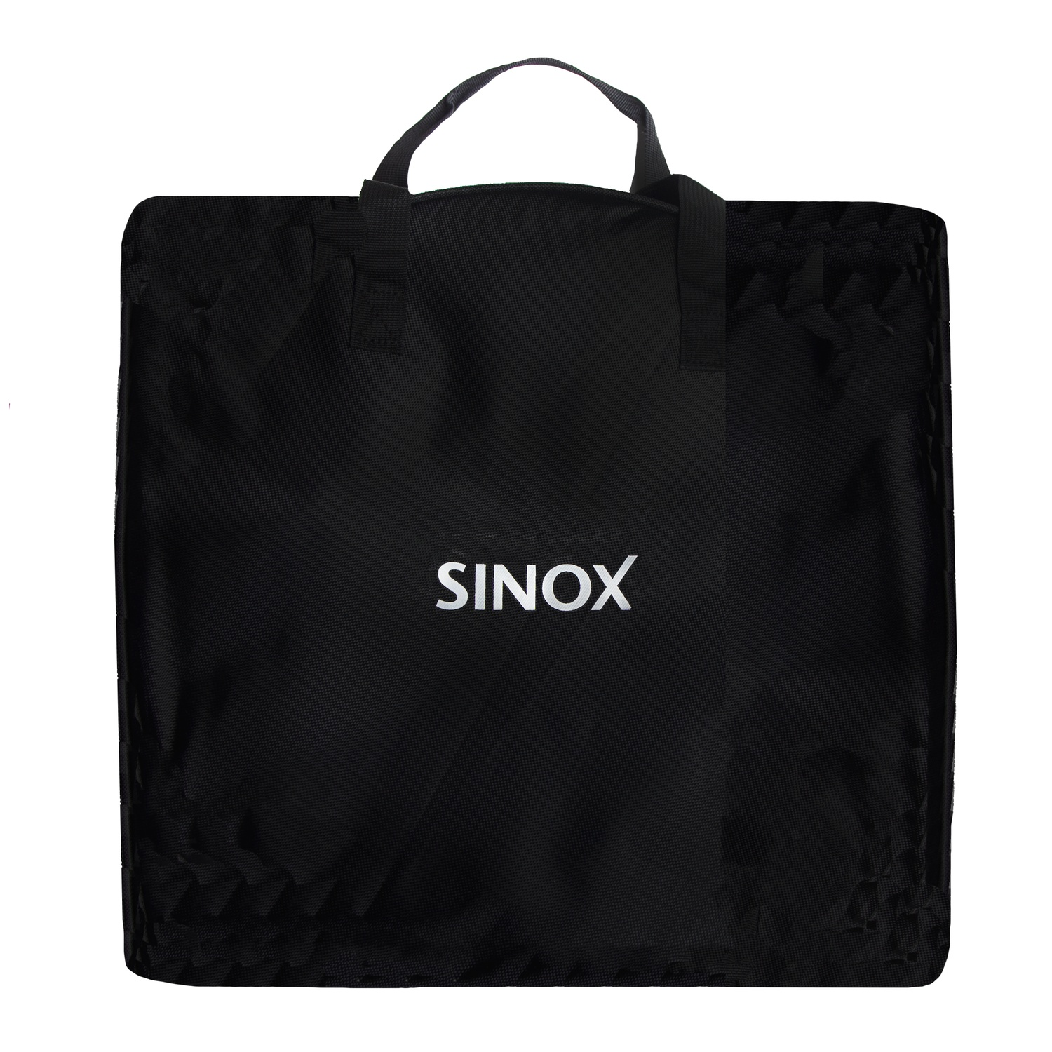Sac noir avec texte SINX blanc et deux poignées.