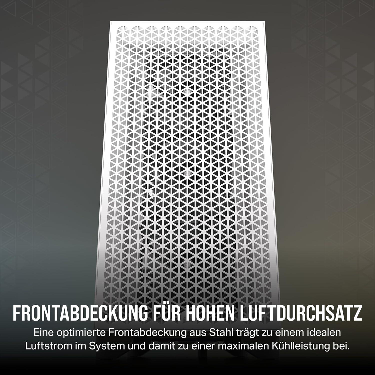 Weiße Computerfrontplatte mit dreieckigem Mesh-Design. Text unten beschreibt hohen Luftstrom.