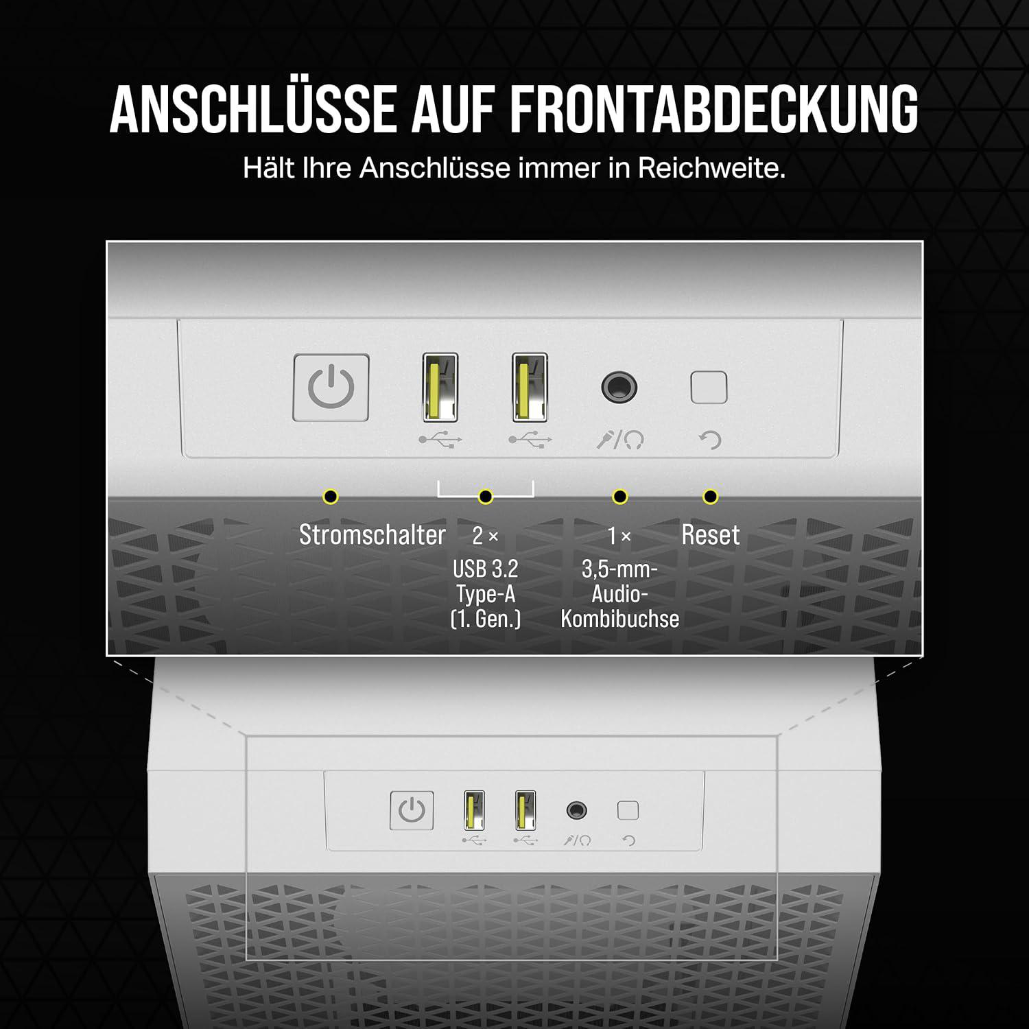 Vorderseite eines Computergehäuses mit Ein-/Ausschalter, USB-Anschlüssen, Audioanschluss und Reset-Taste. Text: 'Anschlüsse'.