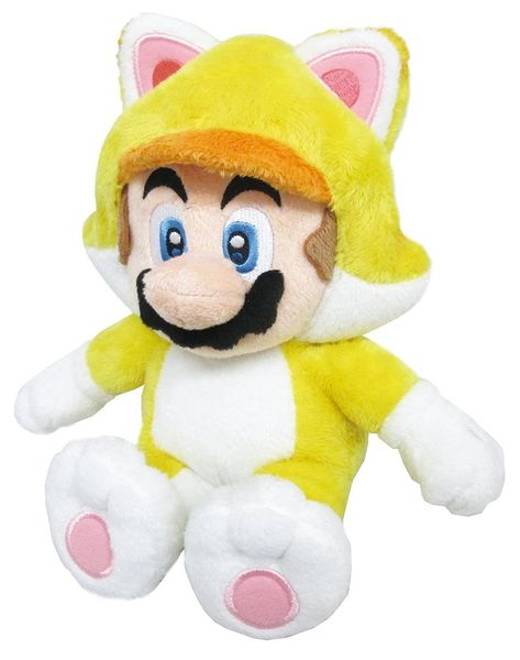 Ein Plüschtier von Mario, das ein gelbes Katzenkostüm trägt. Das Spielzeug hat weiße Pfoten, einen schwarzen Schnurrbart und blaue Augen.