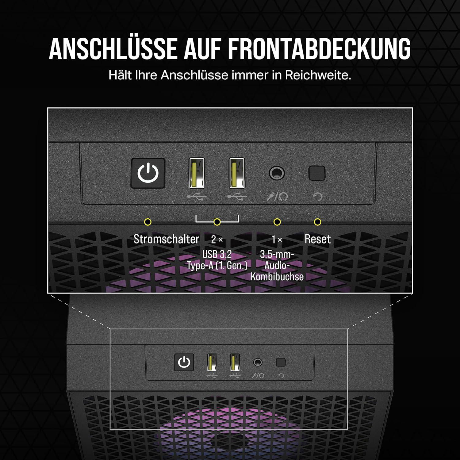 Eine Computer-Frontplatte mit Ein-/Ausschalter, USB-Anschlüssen, Audioanschluss und Reset-Taste. Text beschreibt die Anschlüsse.