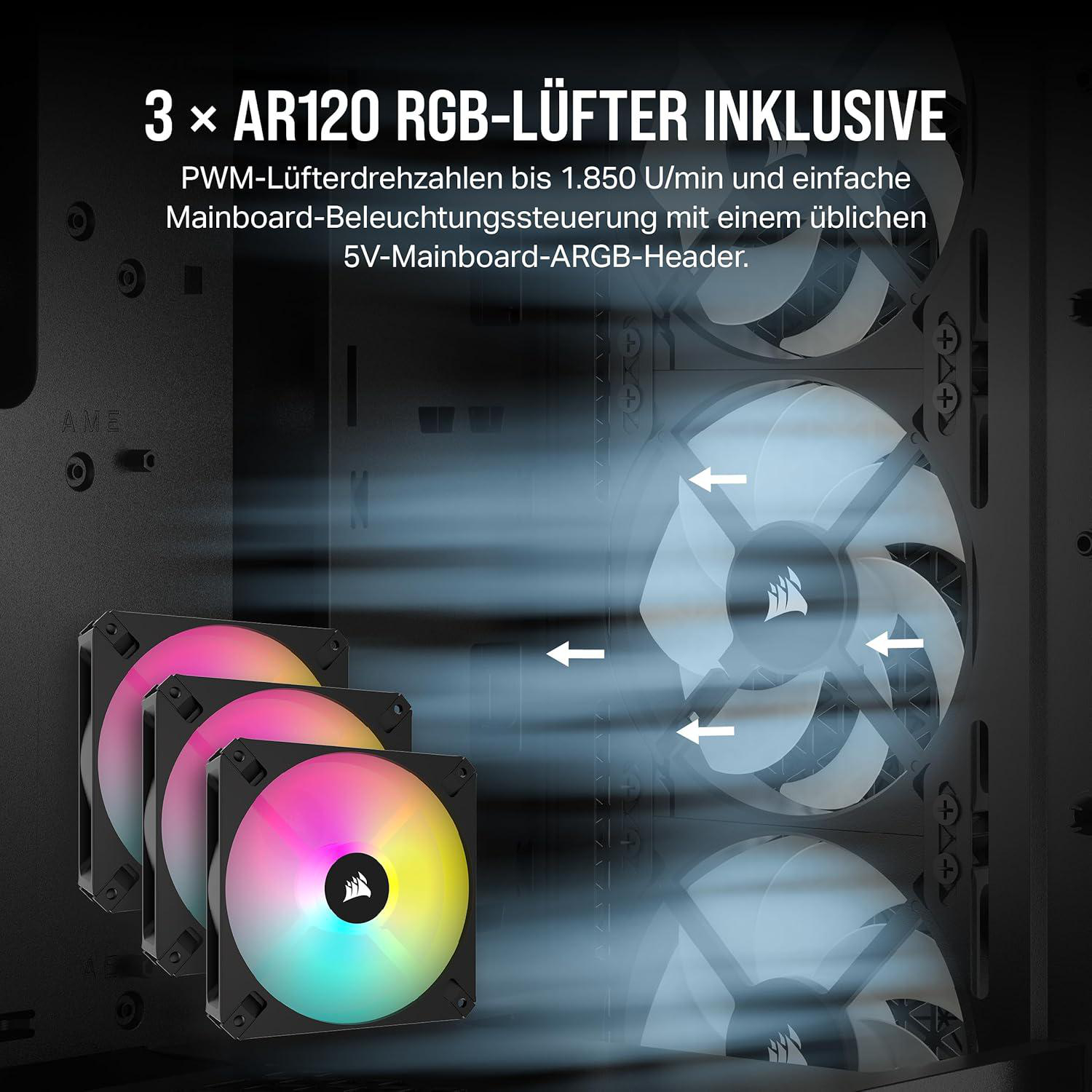 Drei RGB-Lüfter mit Corsair-Logo sind sichtbar. Der Text lautet '3 x AR120 RGB-Lüfter inklusive' und andere technische Details.