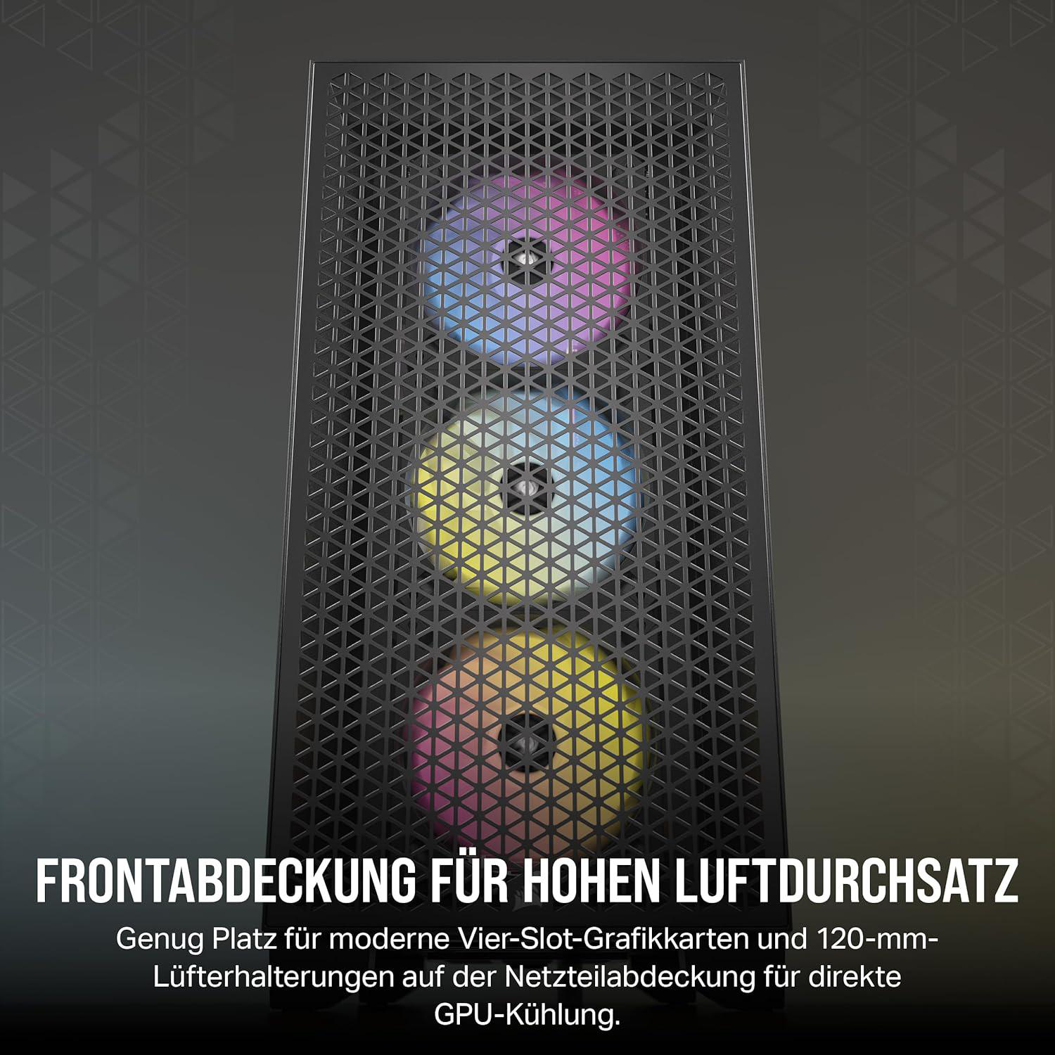 Vorderseite des Computergehäuses mit Mesh-Design, drei beleuchteten Lüftern mit Regenbogenfarben. Text unten.