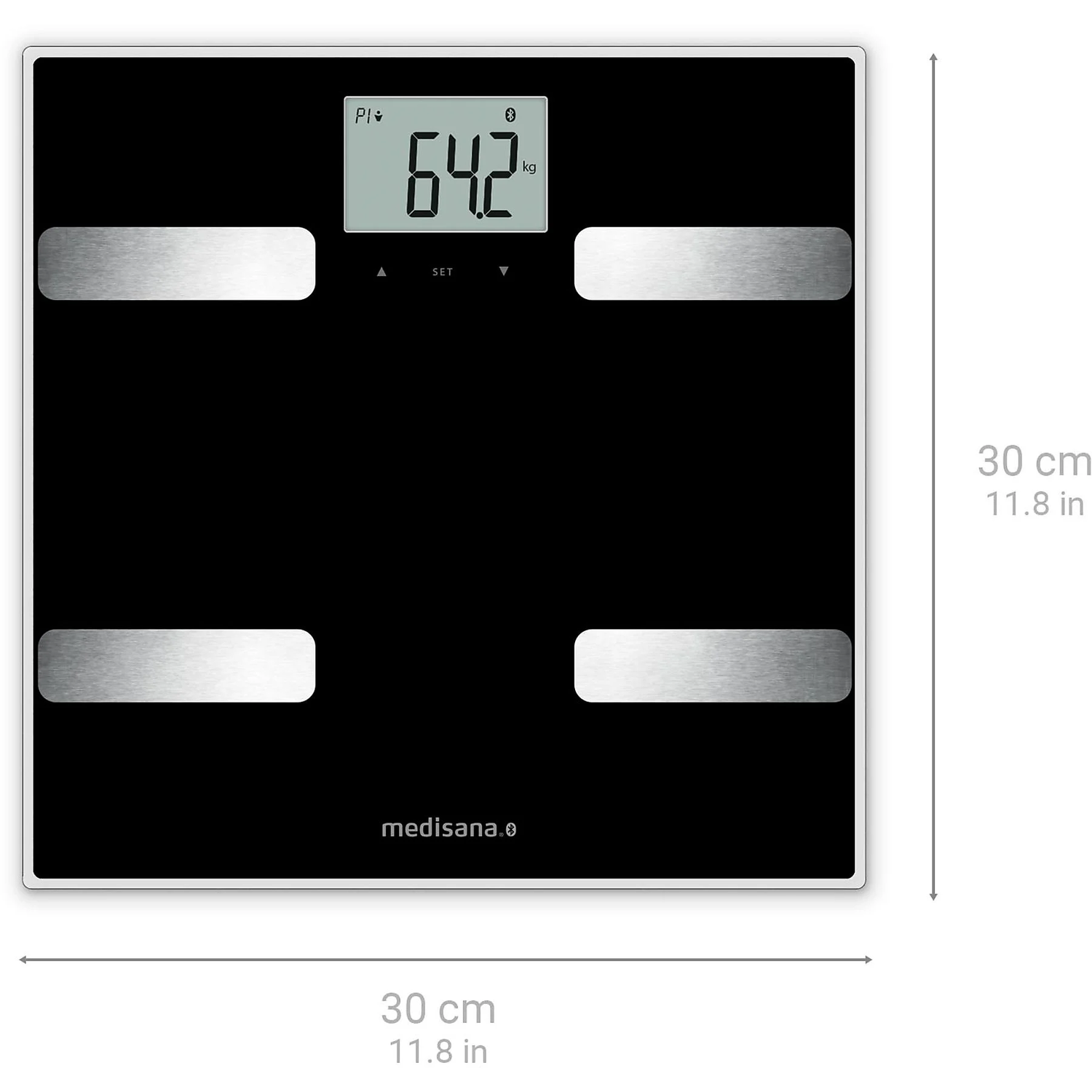 Zwarte digitale weegschaal met display van 64,2 kg. Zilveren pads. Merk 'medisana' onderaan.