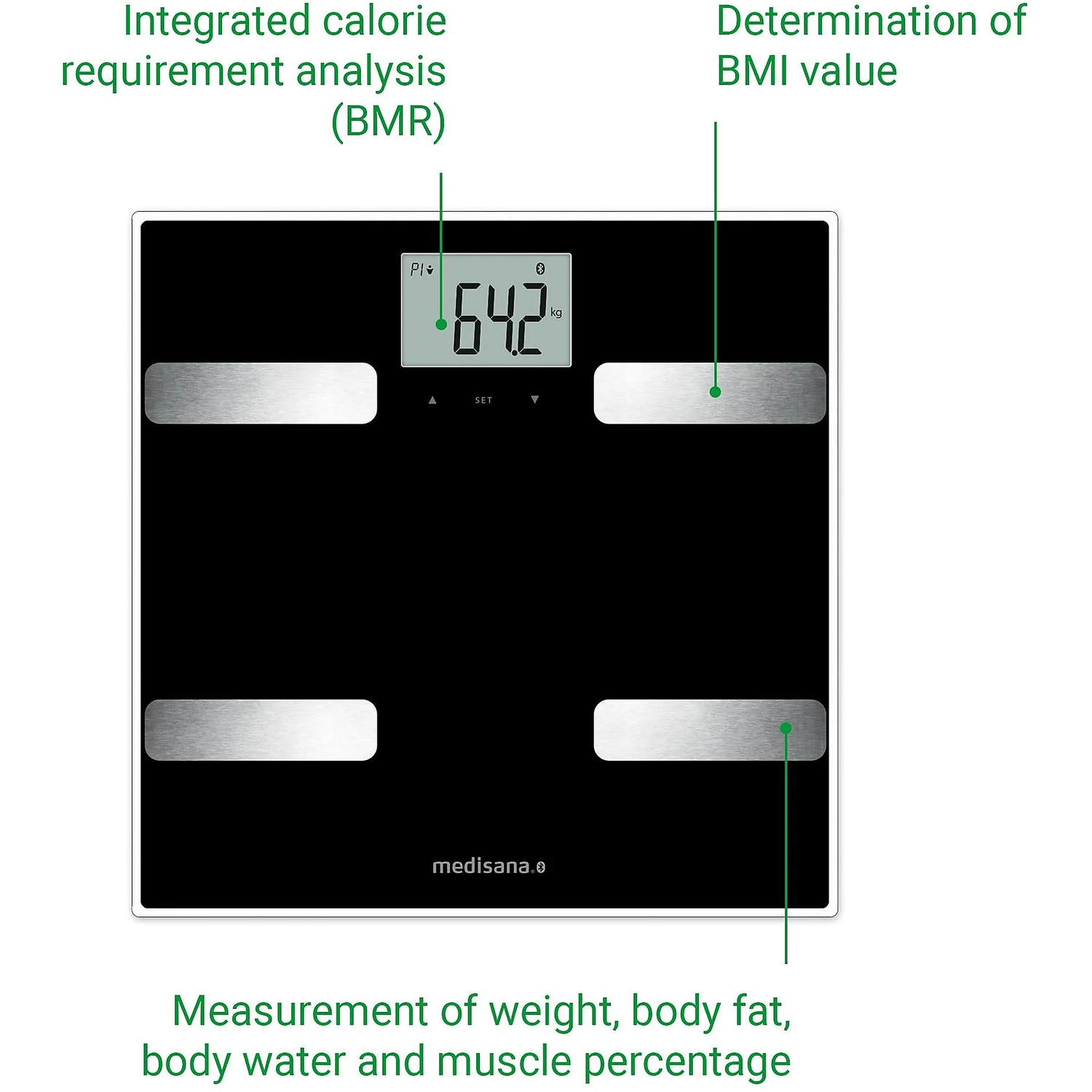 Een zwart-zilveren digitale weegschaal toont 64,2 kg. Tekst geeft BMI, gewicht, lichaamsvet en spierpercentage metingen aan.