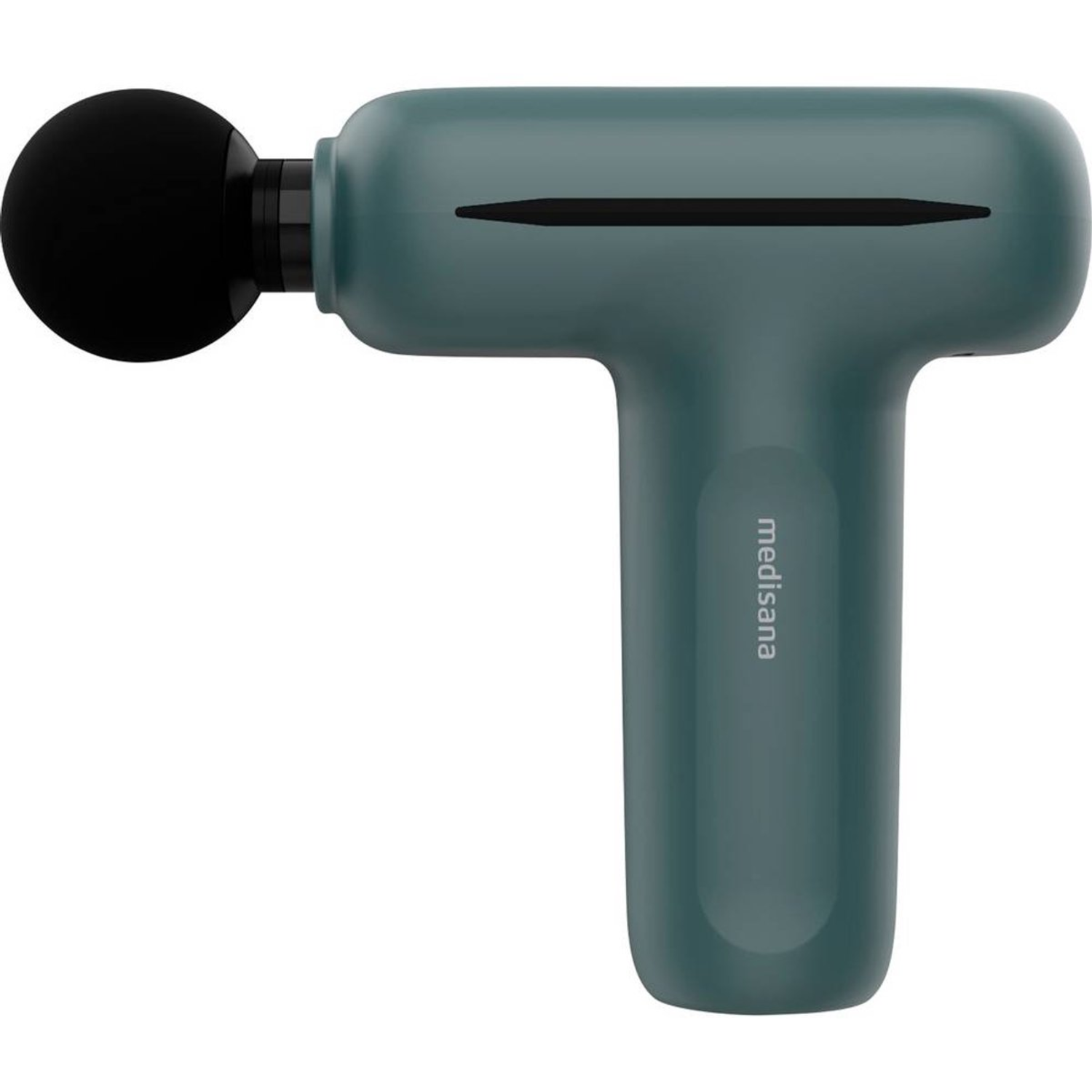 A teal handheld massage gun with a black ball-shaped head. The brand name 'medisana' is printed on the handle.