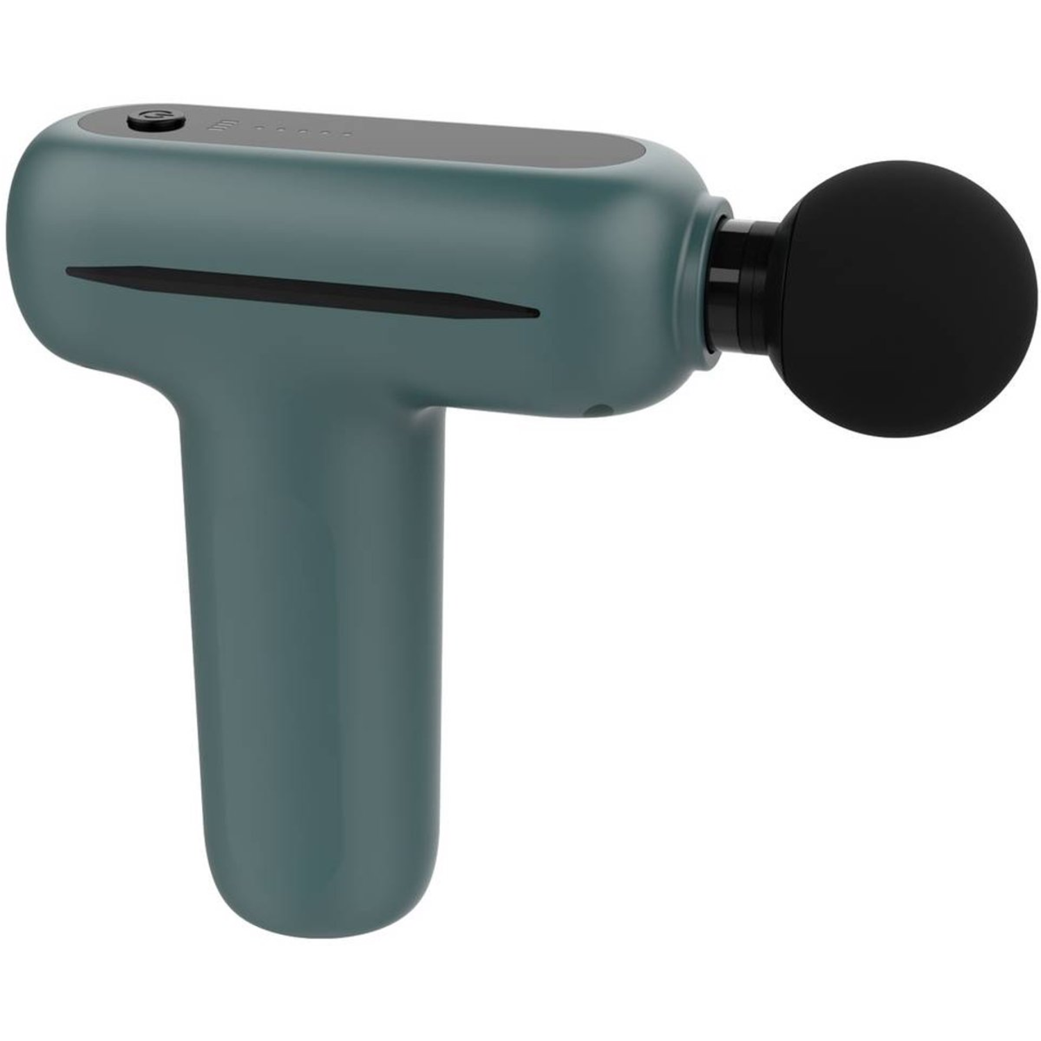 A teal massage gun with a black massage head. It has a T-shape design. There are power and battery indicators on the top.