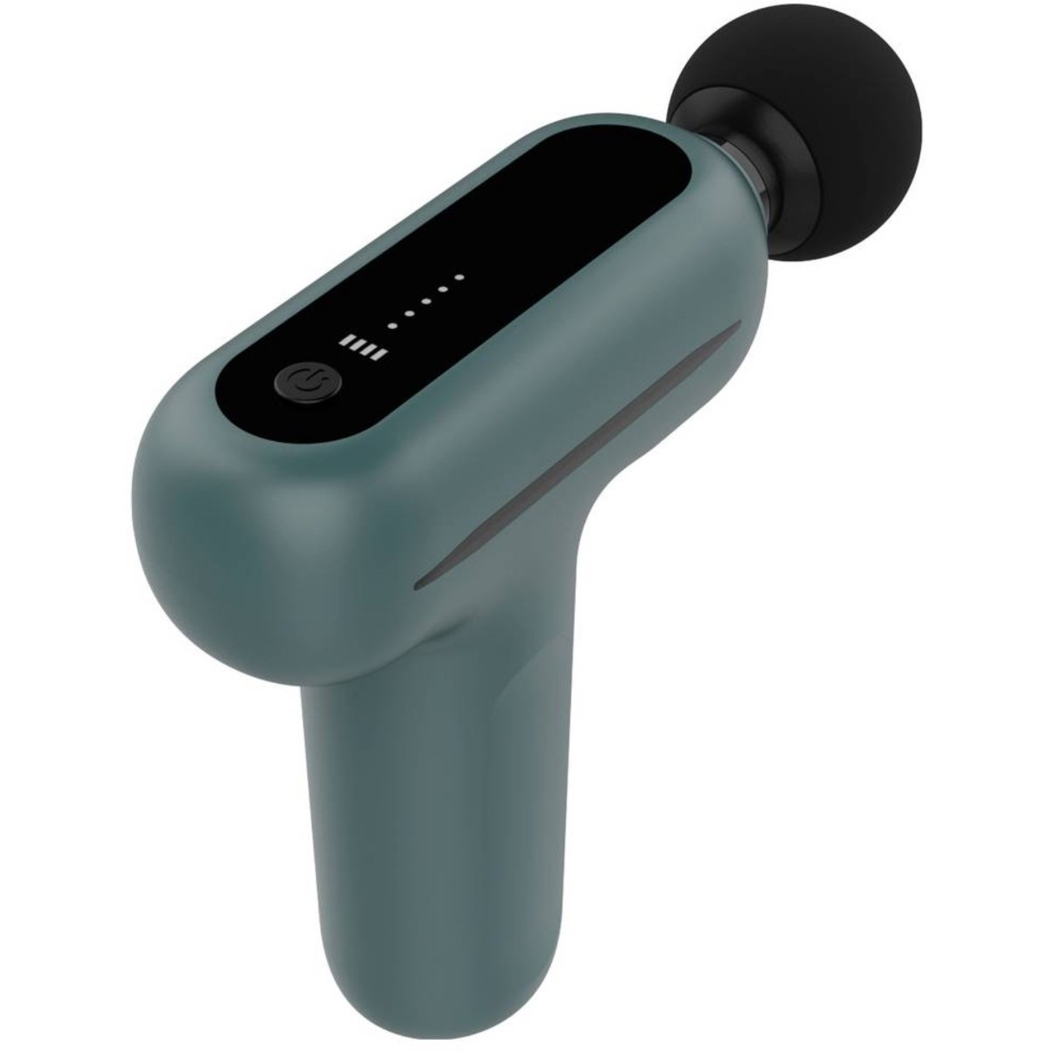 A teal massage gun is shown. It has a black power button and indicator lights. The head of the gun is black and rounded.