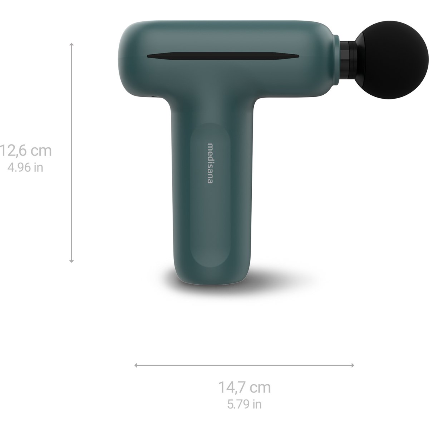 A teal massage gun with a black head, a white background, with dimensions labeled in centimeters and inches.