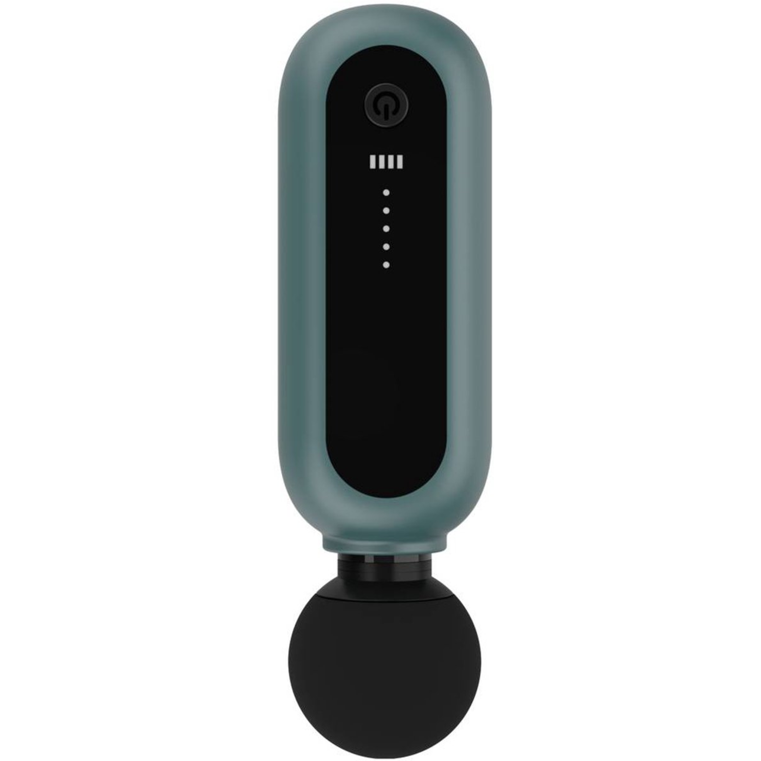 A handheld, teal massage gun with a black power button, battery indicator, and a black, round massage head.
