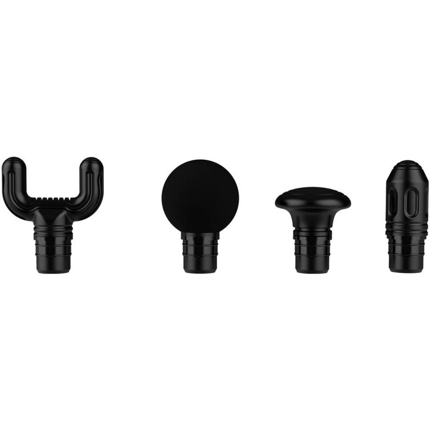 Four black massage gun attachments on a white background. They include a U-shaped, round head, flat head, and bullet-shaped attachment.