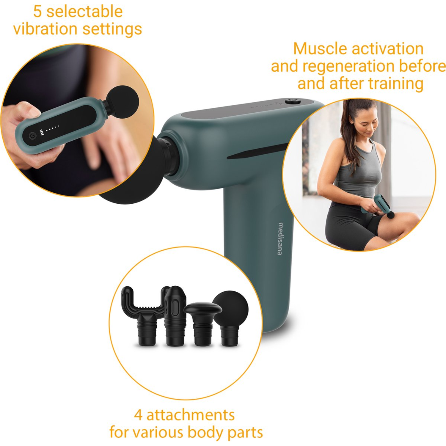 Image shows a massage gun with attachments, a woman using it, and text describing its features and benefits.