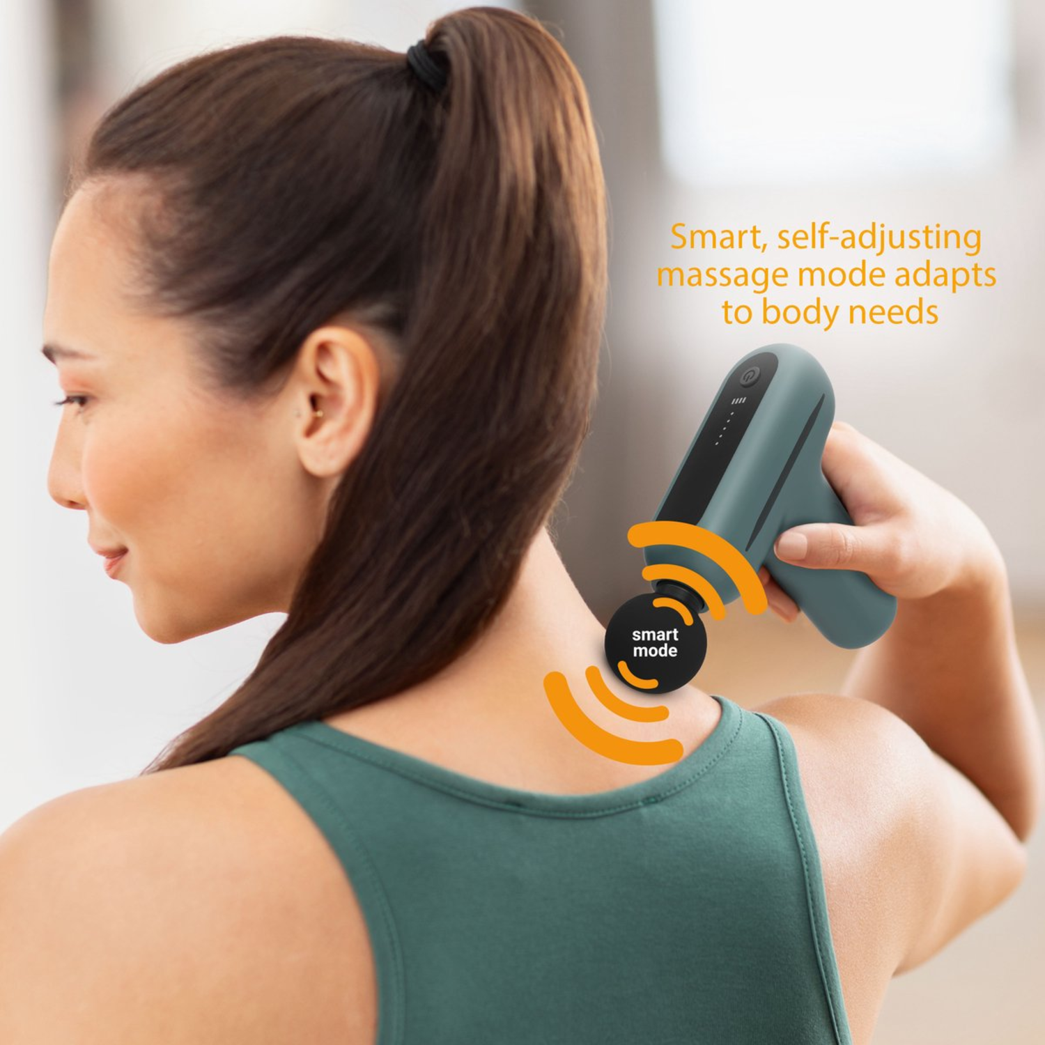 A woman uses a massage gun on her neck. The device is teal, the woman wears a green top. Text: smart mode adapts to body needs.
