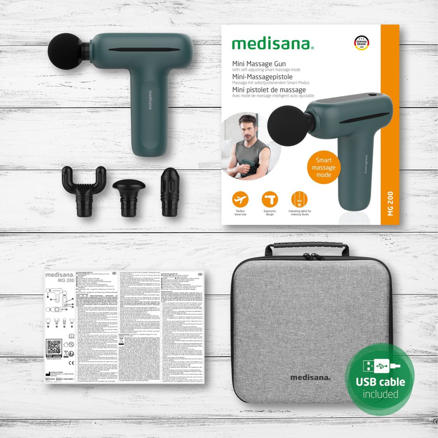 A medisana mini massage gun with accessories, including a case and USB cable. The product is displayed with its packaging and promotional materials.