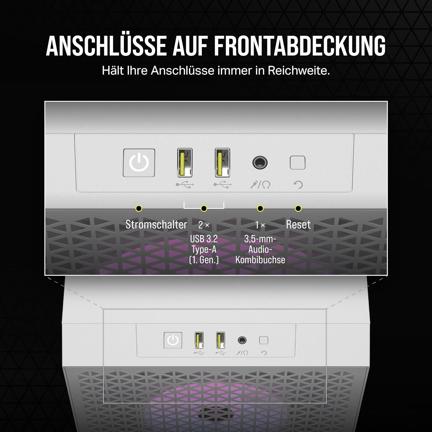 Nahaufnahme der Frontplatte eines Computergehäuses mit Ein-/Aus-Taste, USB-Anschlüssen, Audioanschluss, Reset-Taste und Beschriftungen auf Deutsch.