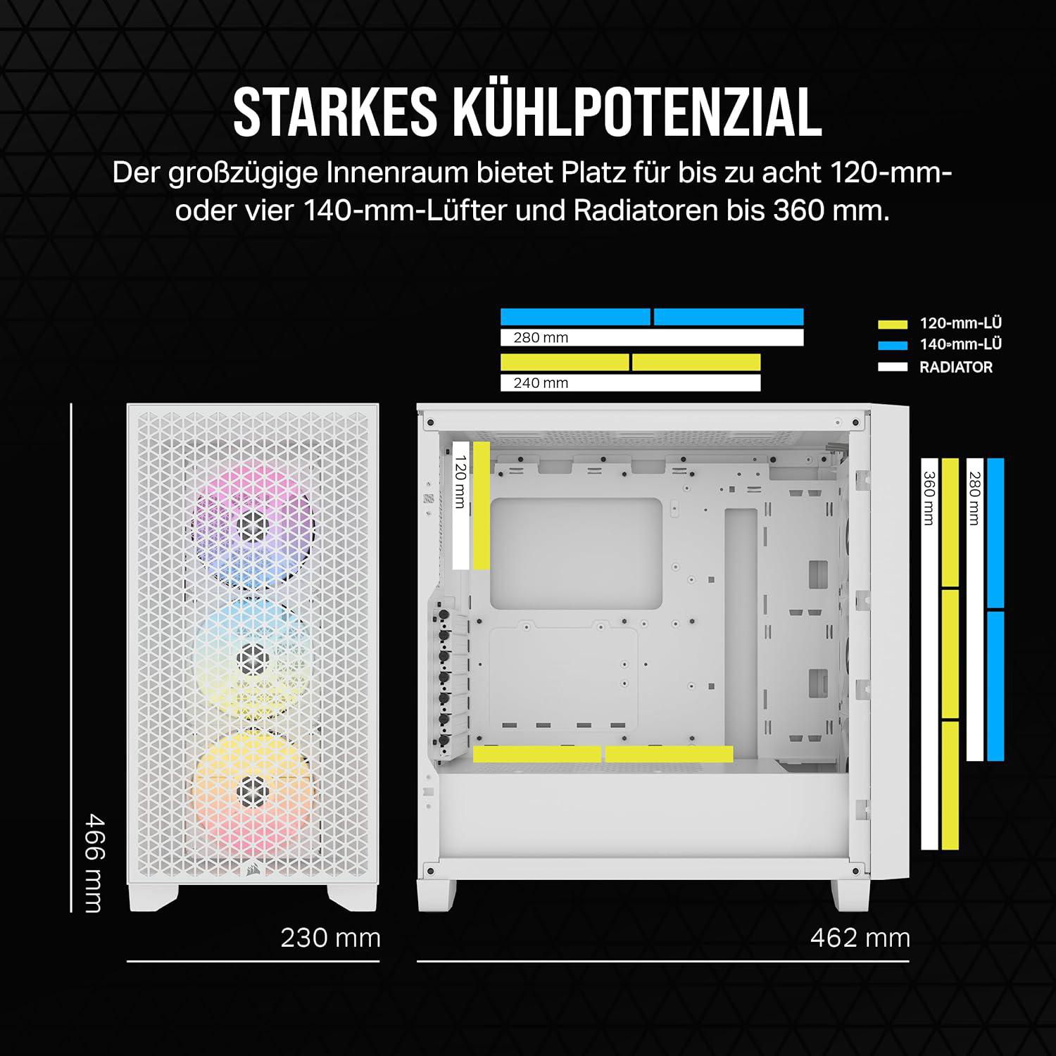 Diagramm eines weißen PC-Gehäuses mit Abmessungen und Lüfter-/Radiator-Unterstützungsdetails. Enthält Text auf Deutsch.