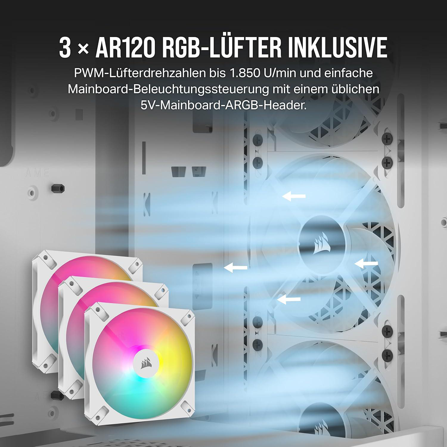 Drei RGB-Lüfter mit bunten Lichtern in einem Computergehäuse. Text enthält Produktdetails und Spezifikationen.