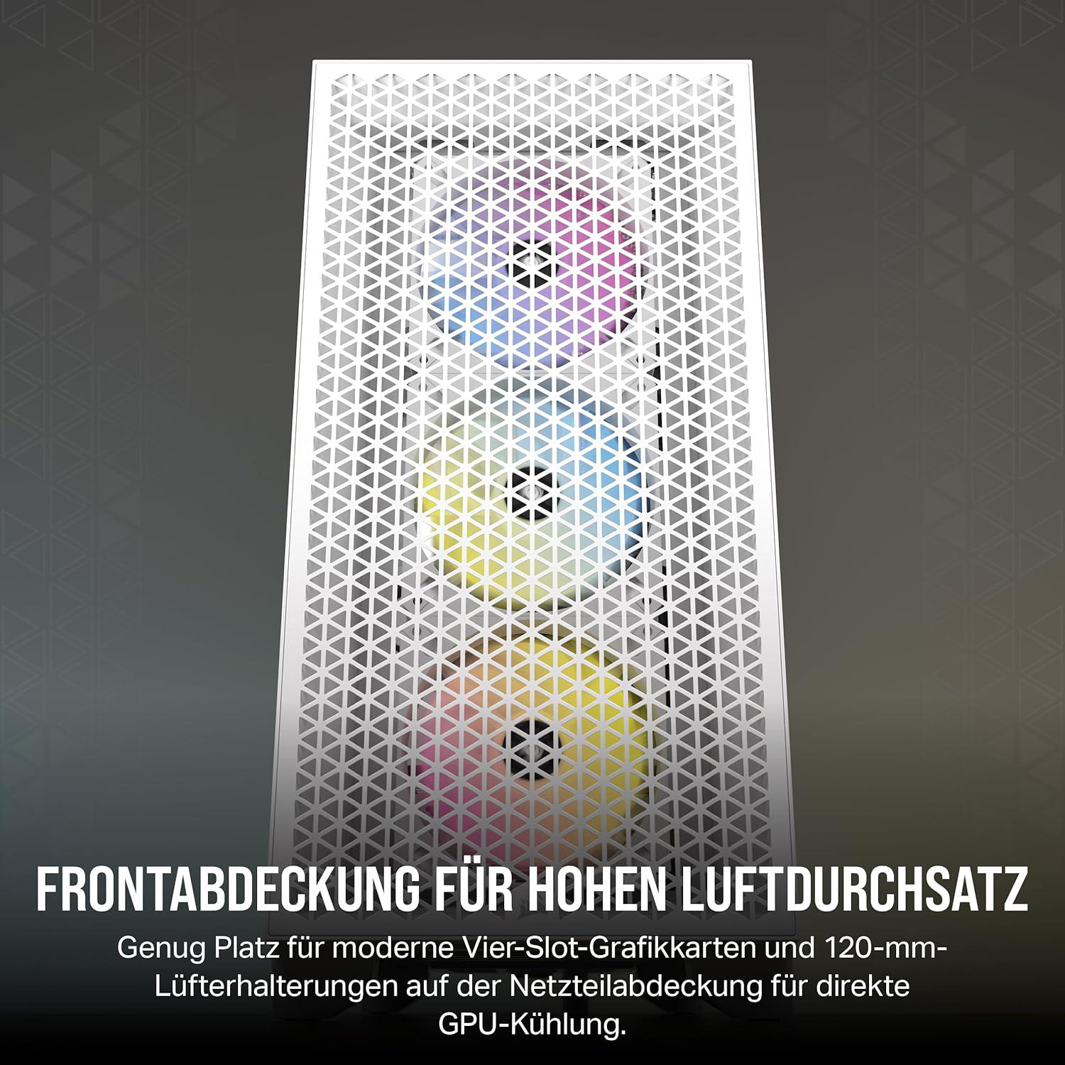 Weiße Computergehäusefront mit Dreiecksmuster. Bunte Lichter sind durch die Front sichtbar. Text unten.