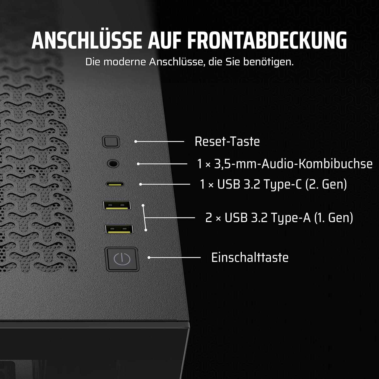 Nahaufnahme der Frontblende eines Computergehäuses. Sie zeigt Anschlüsse und Tasten, darunter USB, Audio und Strom.