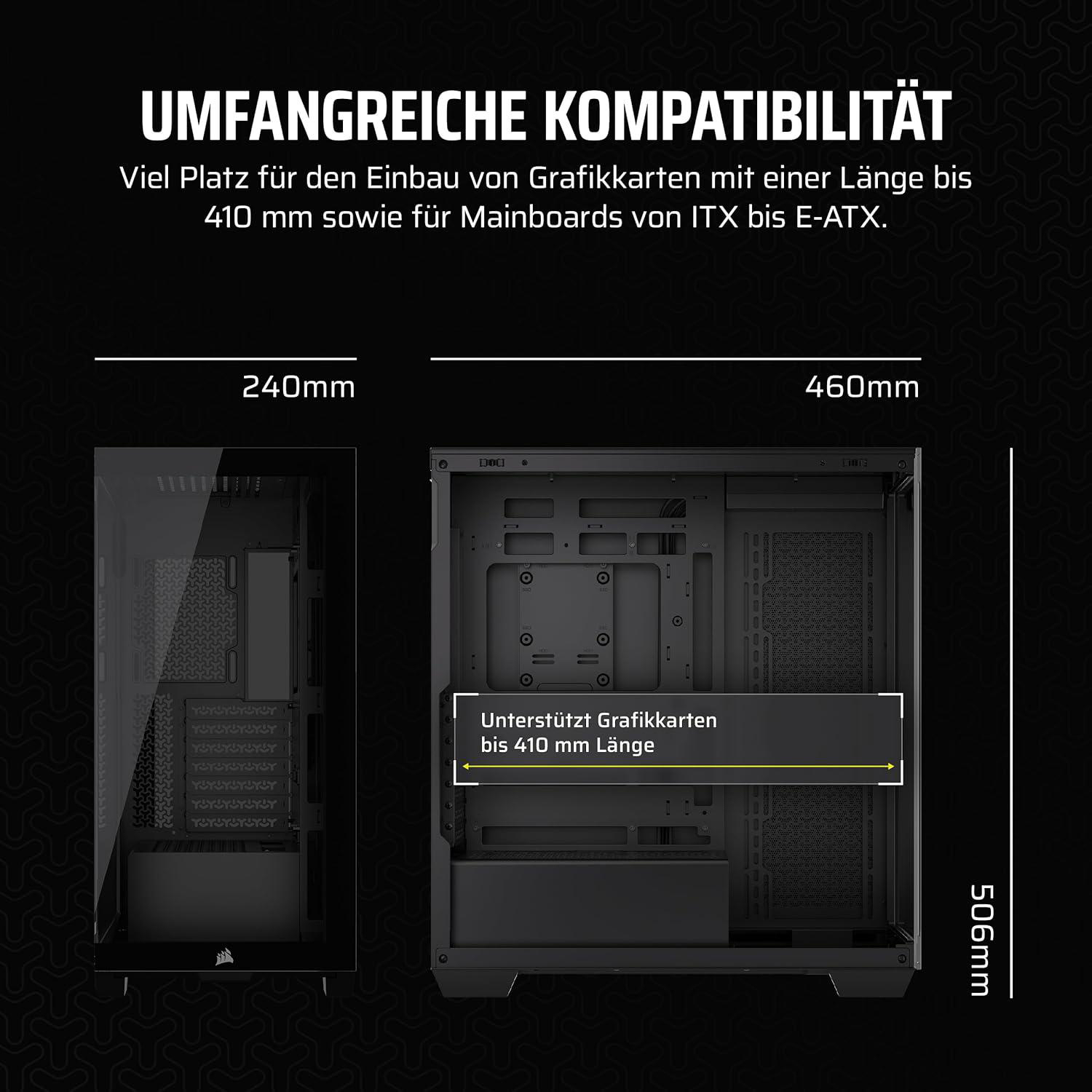 Diagramm eines Computergehäuses mit Abmessungen und Komponentenunterstützung. Text auf Deutsch. 240 mm, 460 mm und 506 mm sind hervorgehoben.
