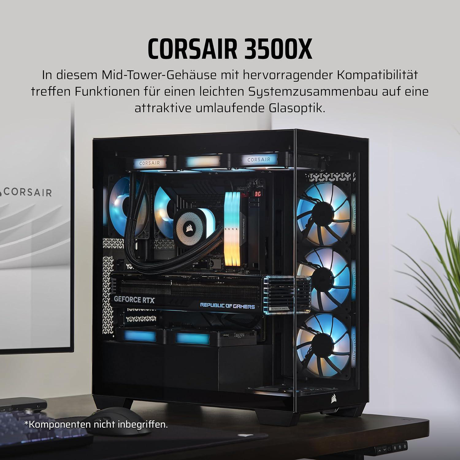 Ein schwarzes Corsair 3500X PC-Gehäuse zeigt interne Komponenten wie Lüfter und eine Grafikkarte, mit Corsair-Logo.