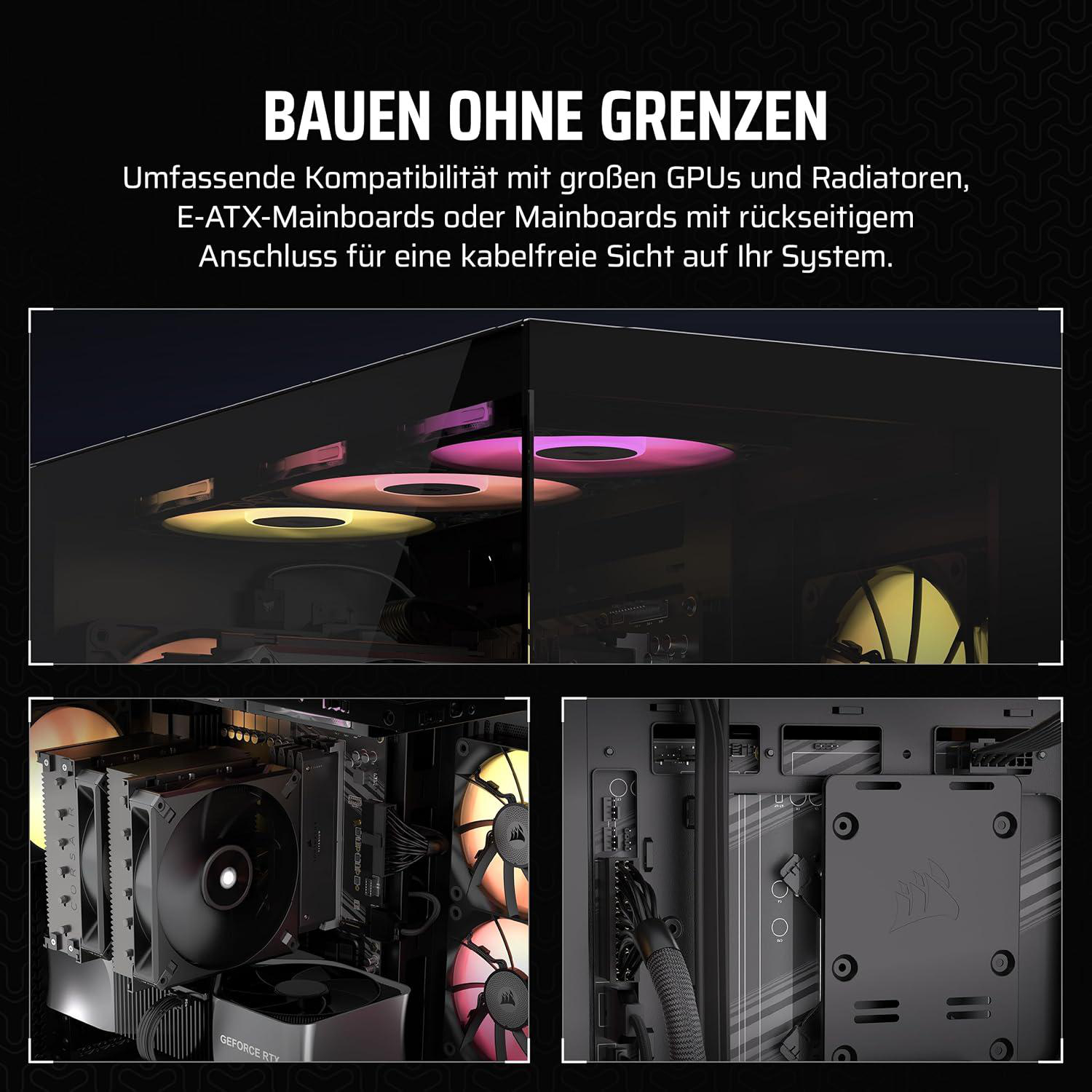 Ein Computergehäuse mit internen Komponenten. Oben steht 'BAUEN OHNE GRENZEN'. Unten Nahaufnahmen von Teilen.