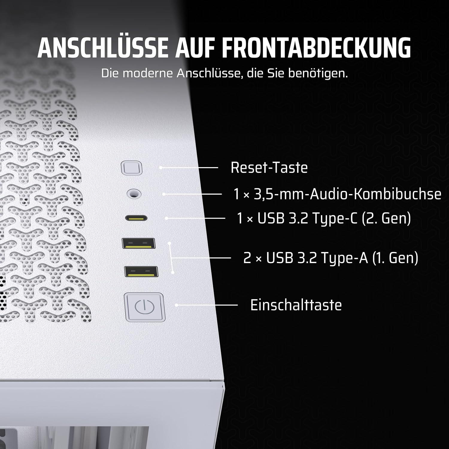 Nahaufnahme der Vorderseite eines Computergehäuses mit beschrifteten Anschlüssen: Reset, Audio, USB-C und USB-A. Enthält den Einschaltknopf.