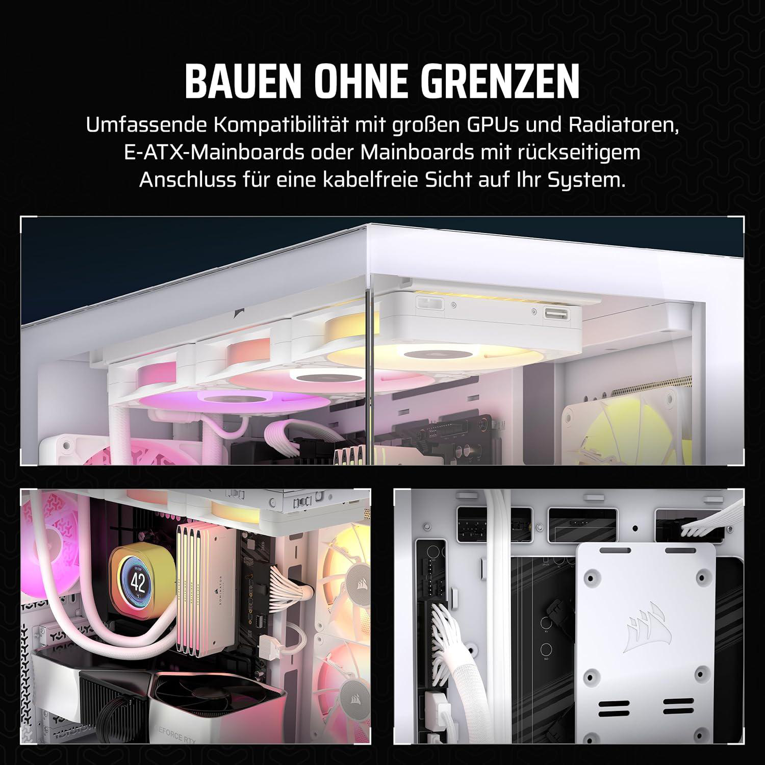 Das Innere eines Computergehäuses mit Komponenten wie Lüftern, Radiator und CPU-Kühler. Verschiedene farbige Lichter und Textüberlagerungen.