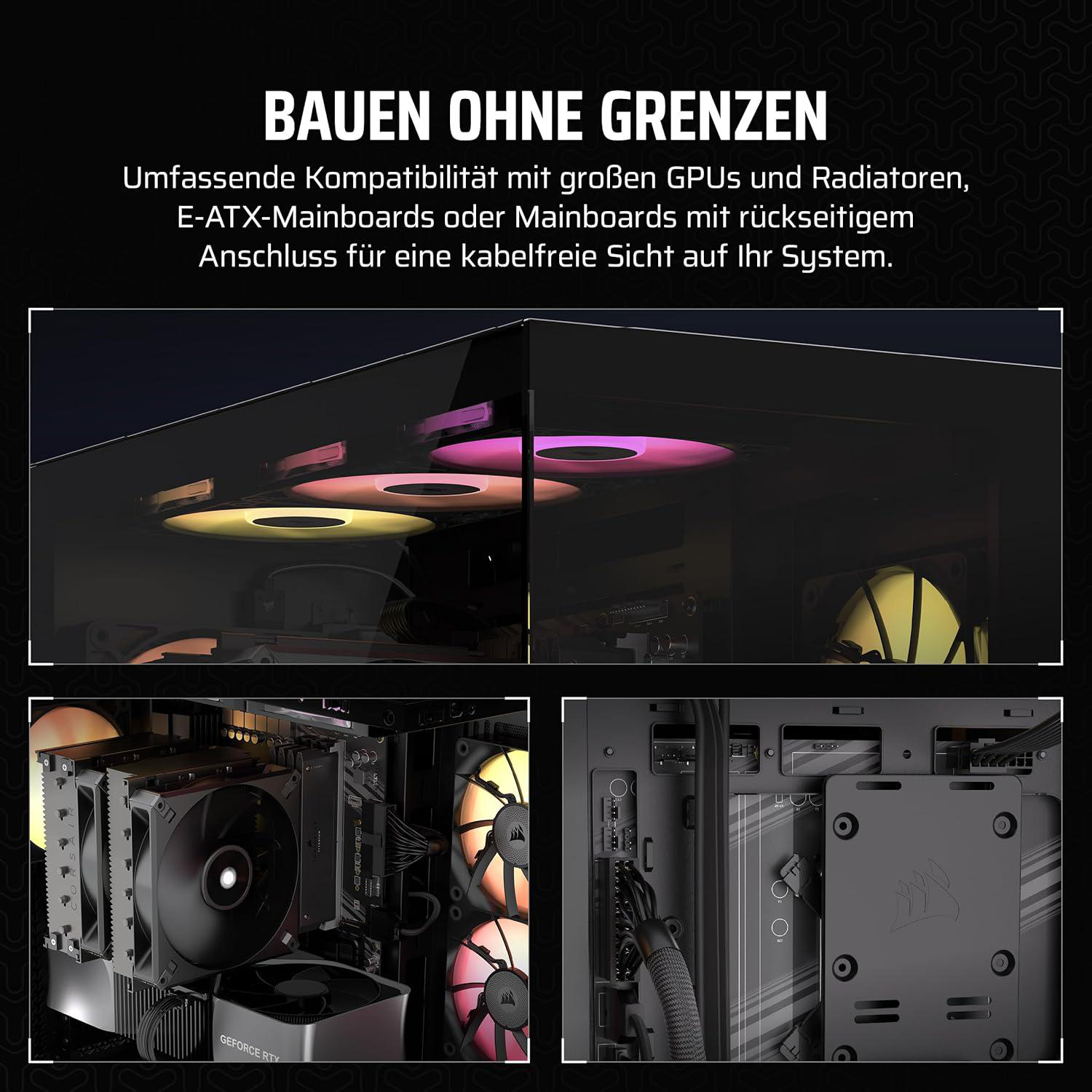 Ein Computergehäuse mit sichtbaren internen Komponenten. Große Lüfter mit bunten Lichtern sind vorhanden. Text lautet: 'BAUEN OHNE GRENZEN'.