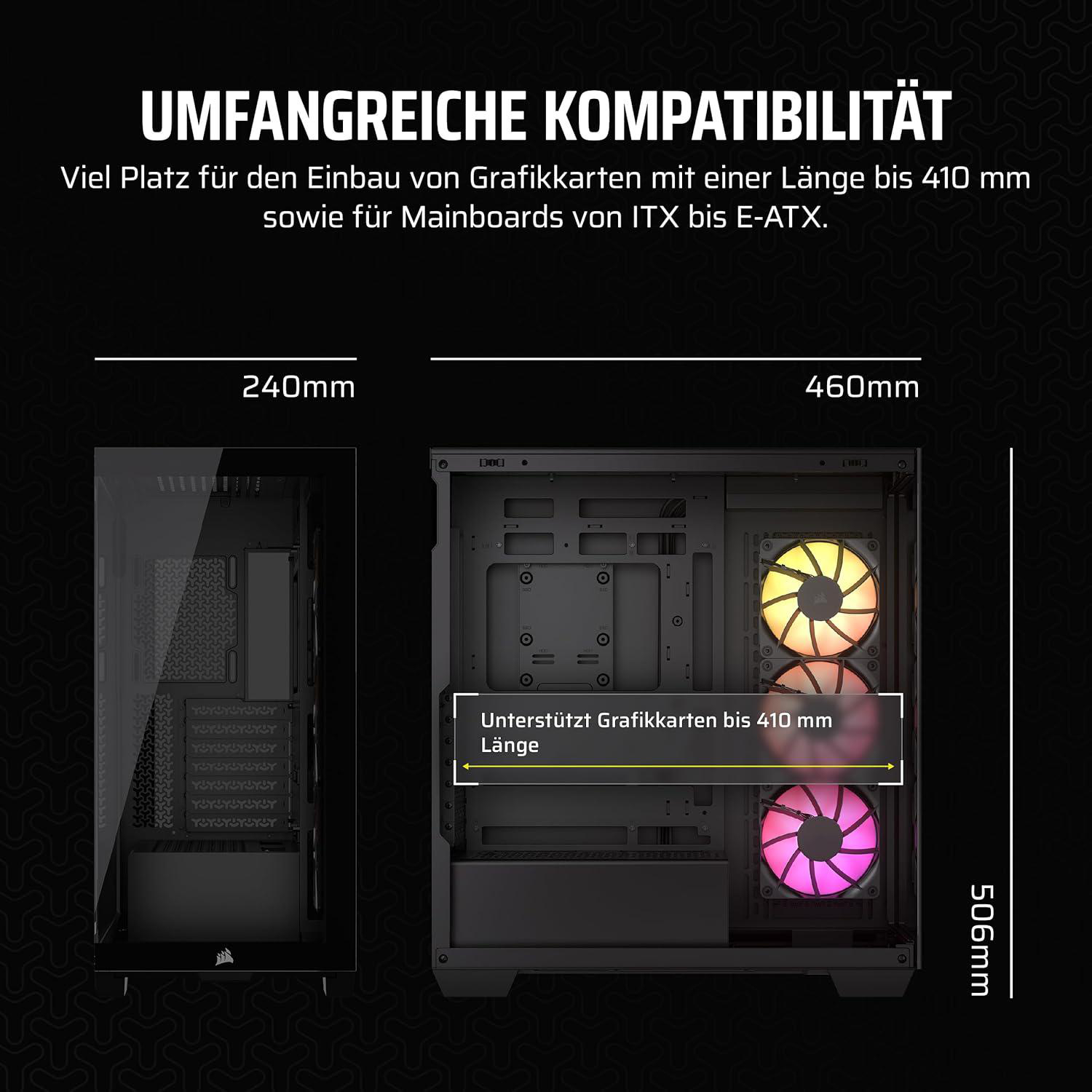 Computergehäuse mit Abmessungen. Zeigt 240 mm, 460 mm und 506 mm. Text weist auf Kompatibilität mit Komponenten hin.