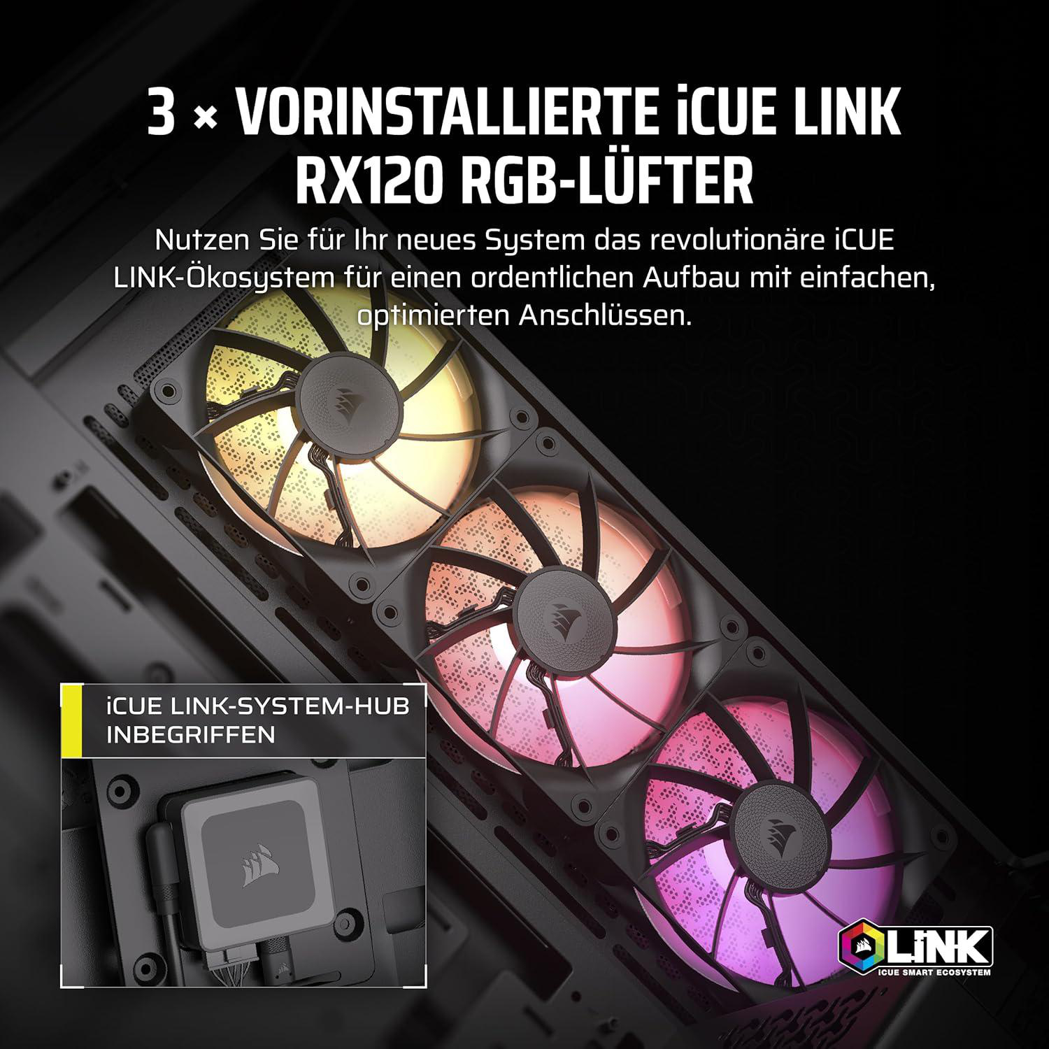 Das Bild zeigt drei RGB-Lüfter in verschiedenen Farben, die in einem Computergehäuse installiert sind, und ein iCUE-System-Hub.