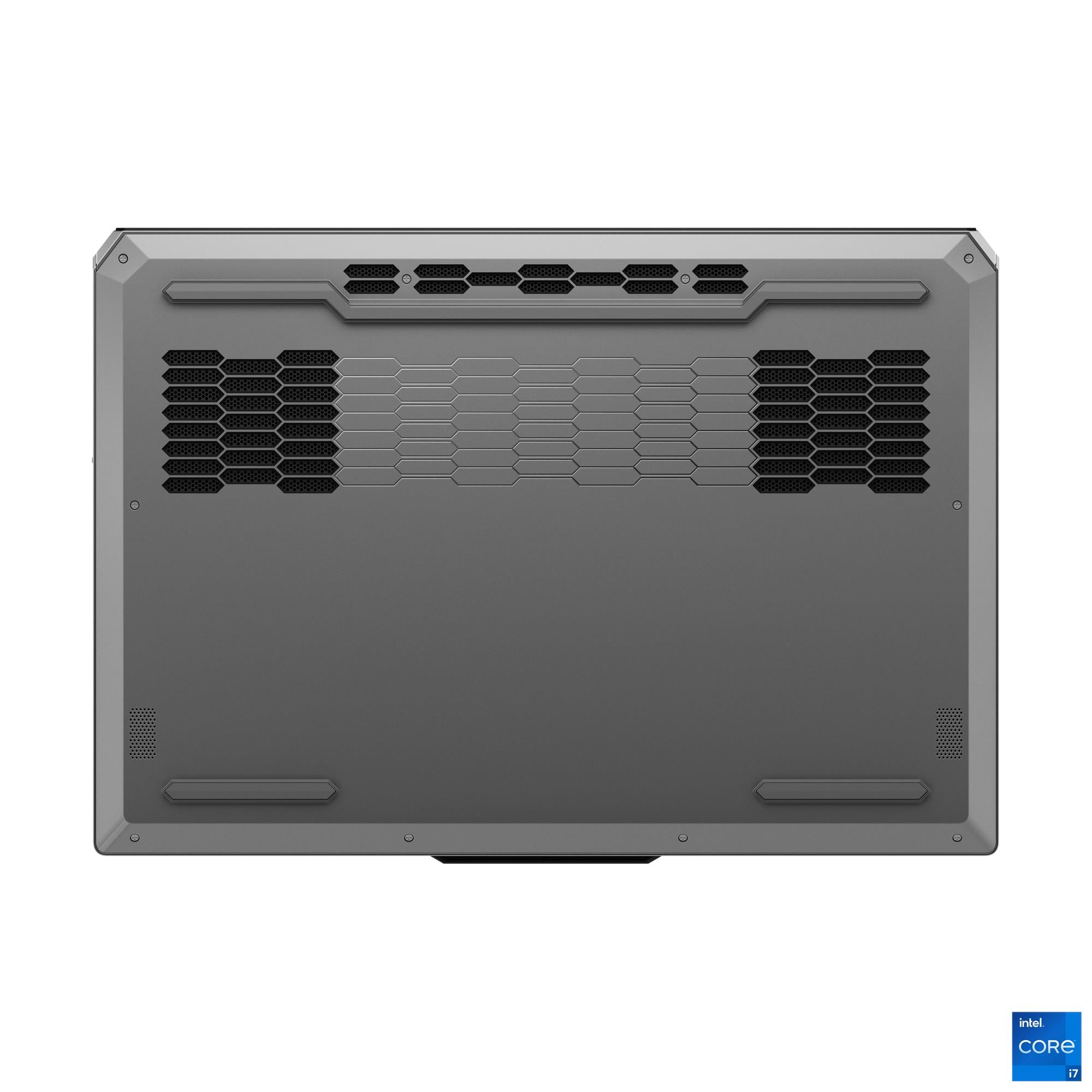 Laptop-Unterseite, grau mit Lüftungsschlitzen. Sechseckige und rechteckige Muster. Intel Core i7-Logo unten rechts.