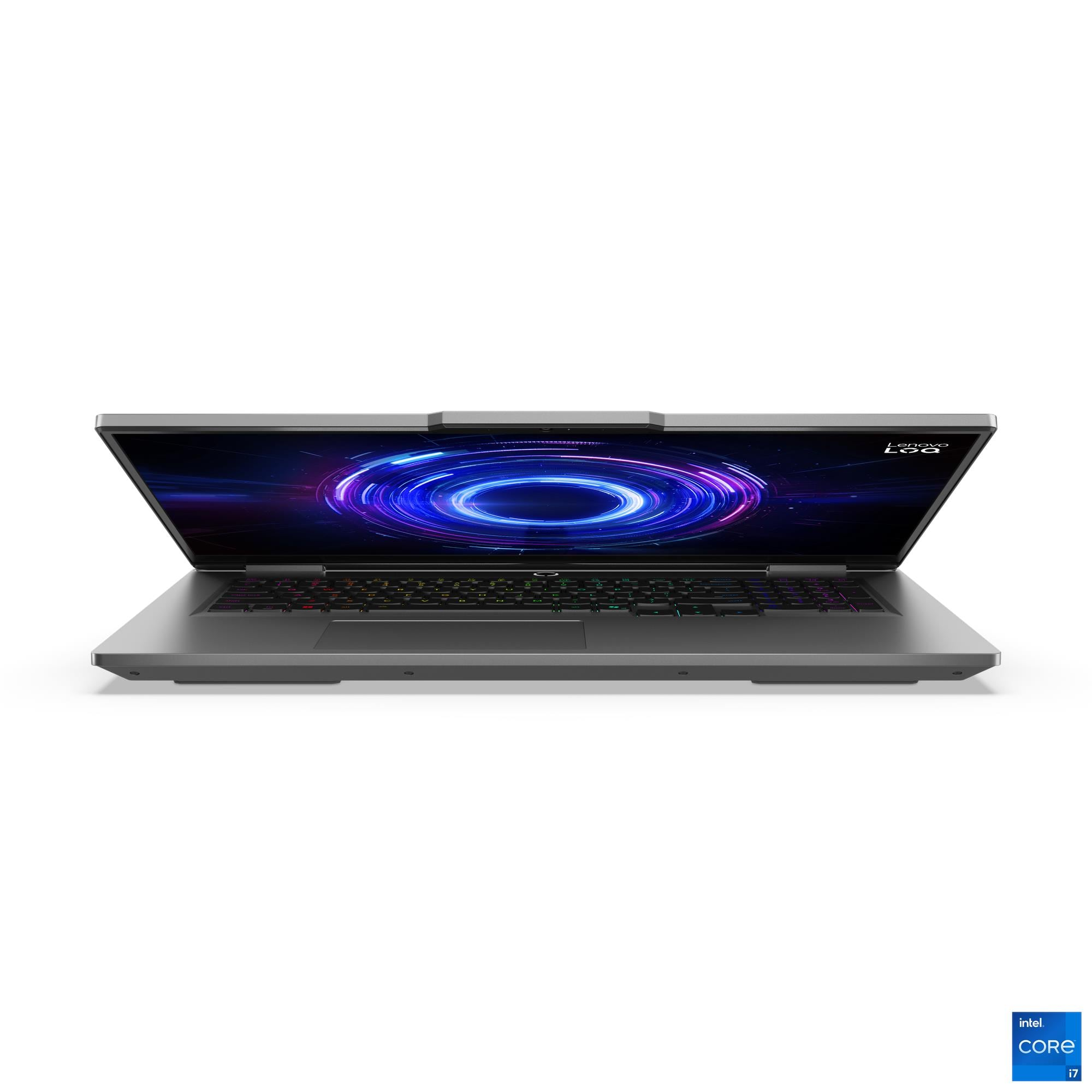 Ein grauer Laptop ist geöffnet. Der Bildschirm zeigt ein wirbelndes blaues und lila Design. Die Tastatur ist regenbogenfarben beleuchtet.