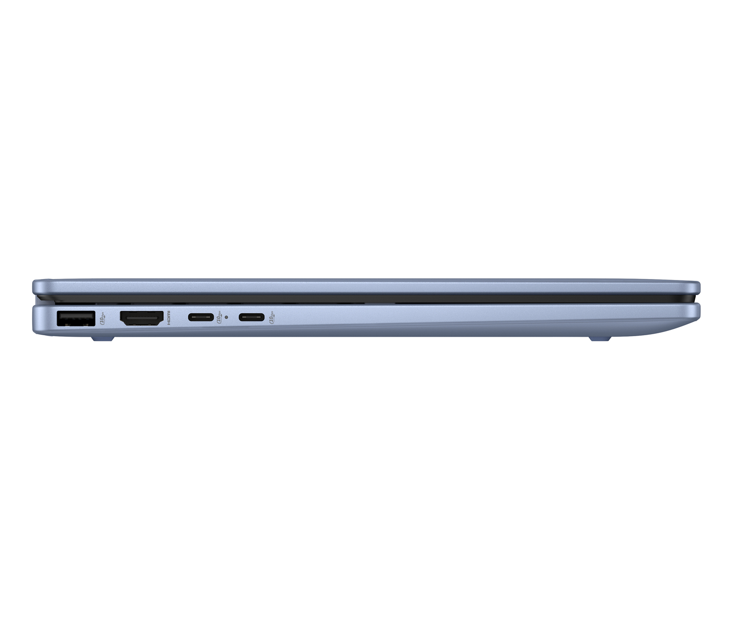Una laptop cerrada, azul claro, vista de lado. Se ven puertos. La laptop está sobre un fondo blanco.