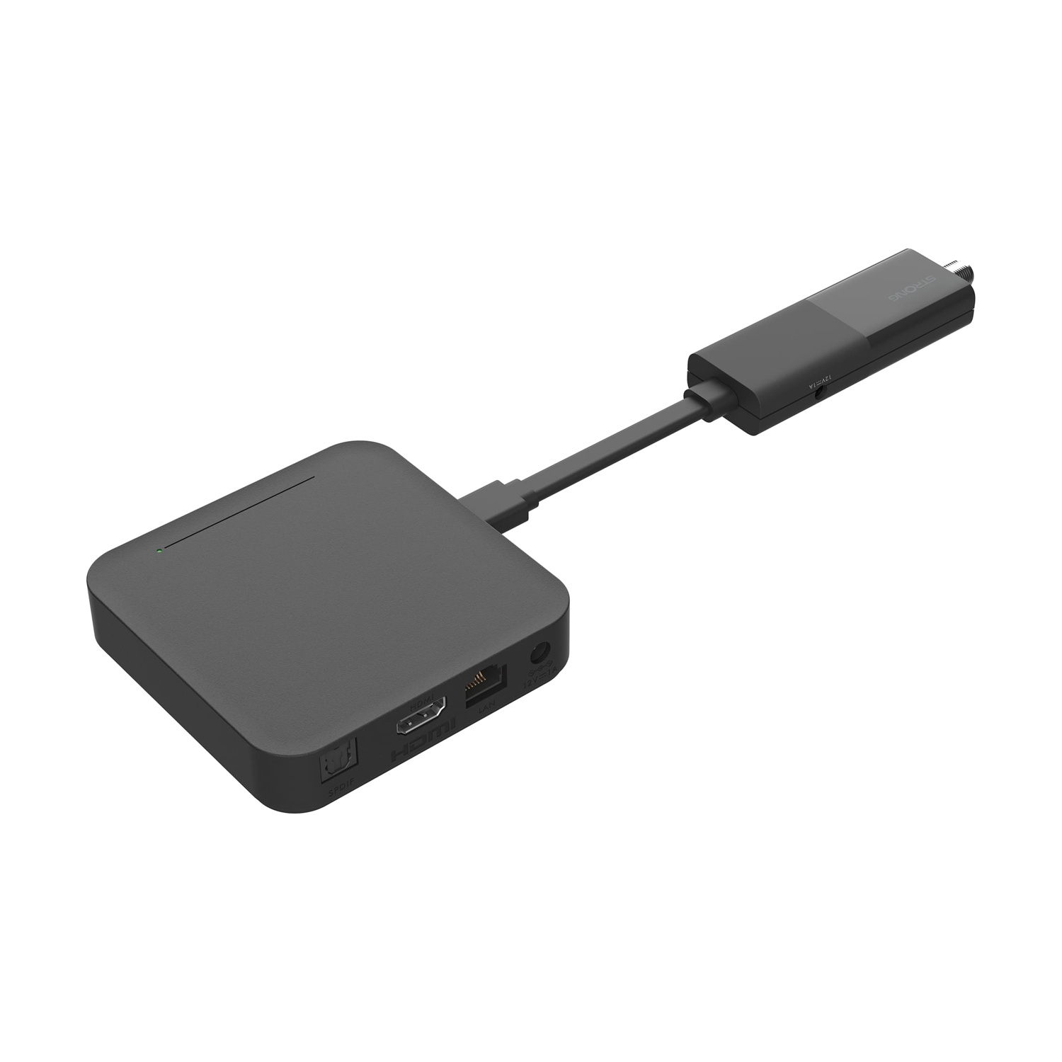 Un dispositivo nero con una base rettangolare e un dongle USB-C collegato. Varie porte sono visibili sulla base.