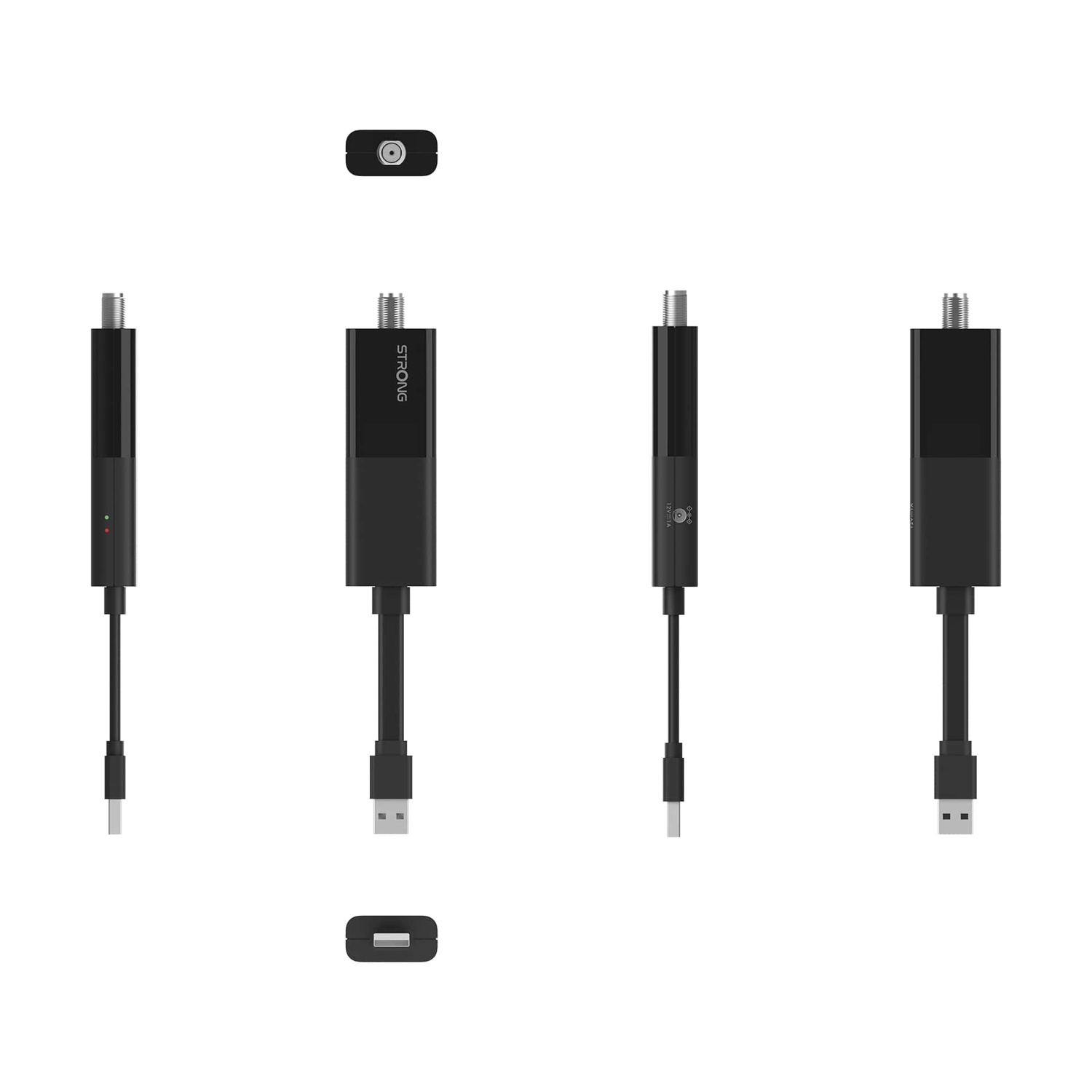 L'immagine mostra diverse viste di un sintonizzatore TV nero con un connettore USB su uno sfondo bianco.