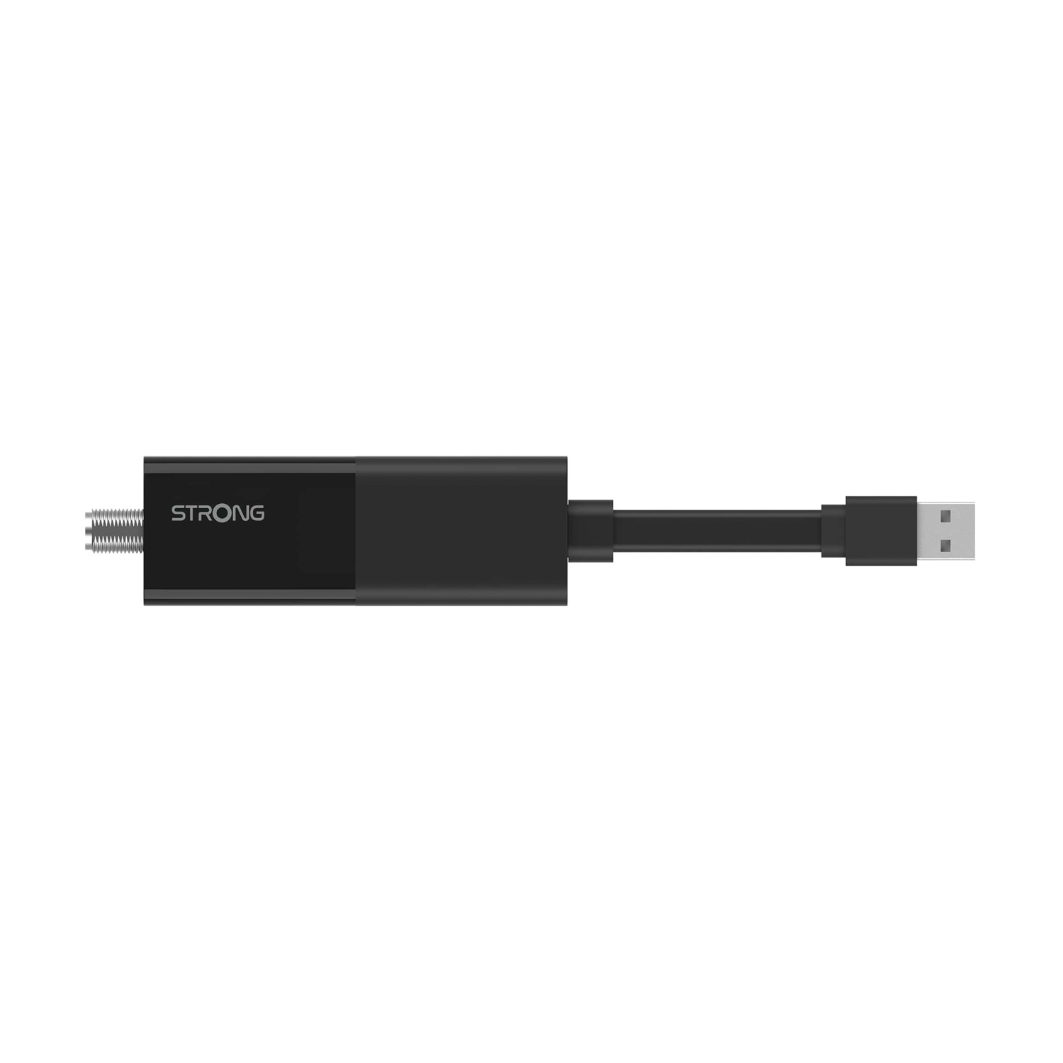 Dispositivo Strong nero con connettore USB e cavo su sfondo bianco.