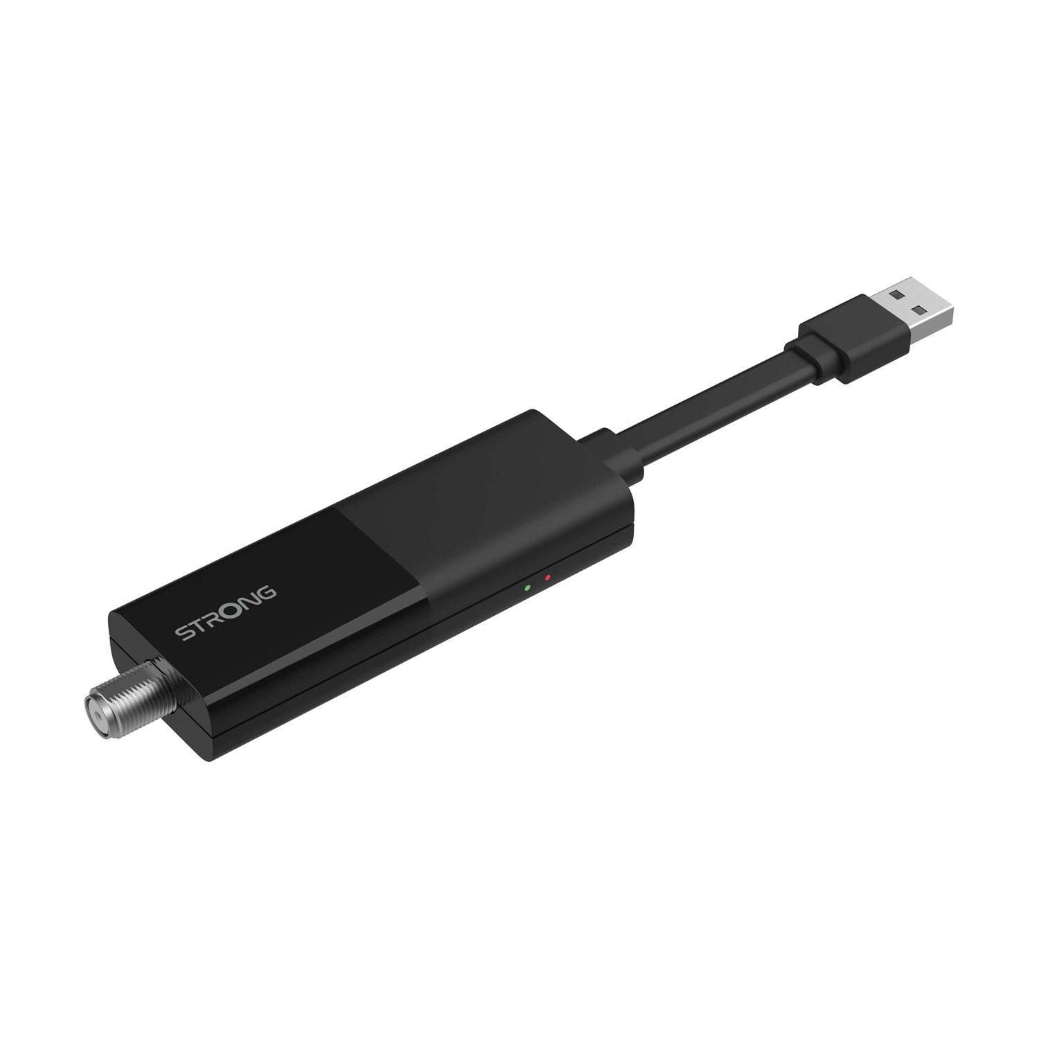 Dispositivo USB Strong nero su bianco. Ha un connettore coassiale e una spina USB. Il dispositivo ha una luce verde e rossa.