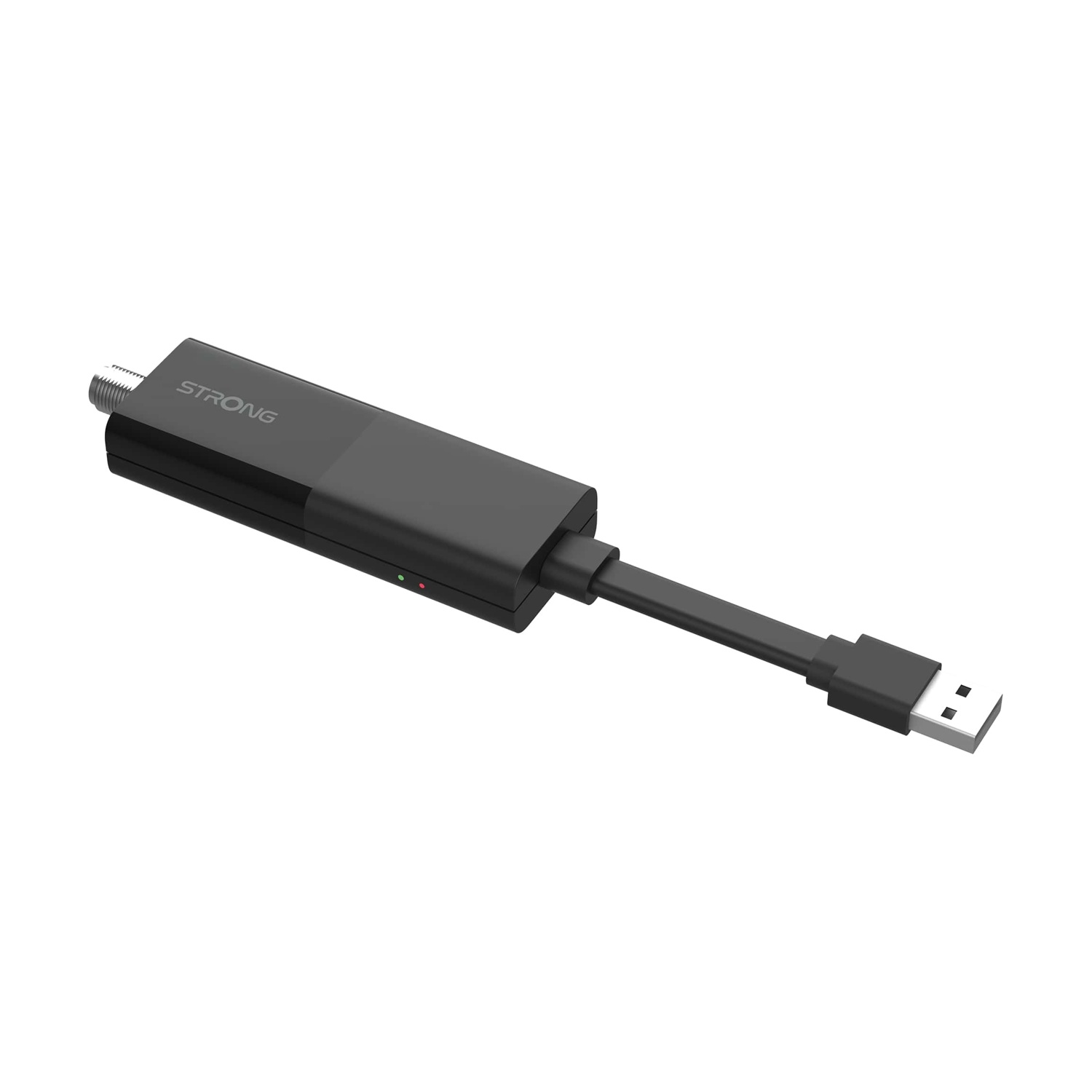 Un adattatore digitale Strong nero con cavo USB. Ha un connettore, un corpo con il marchio e due spie luminose.