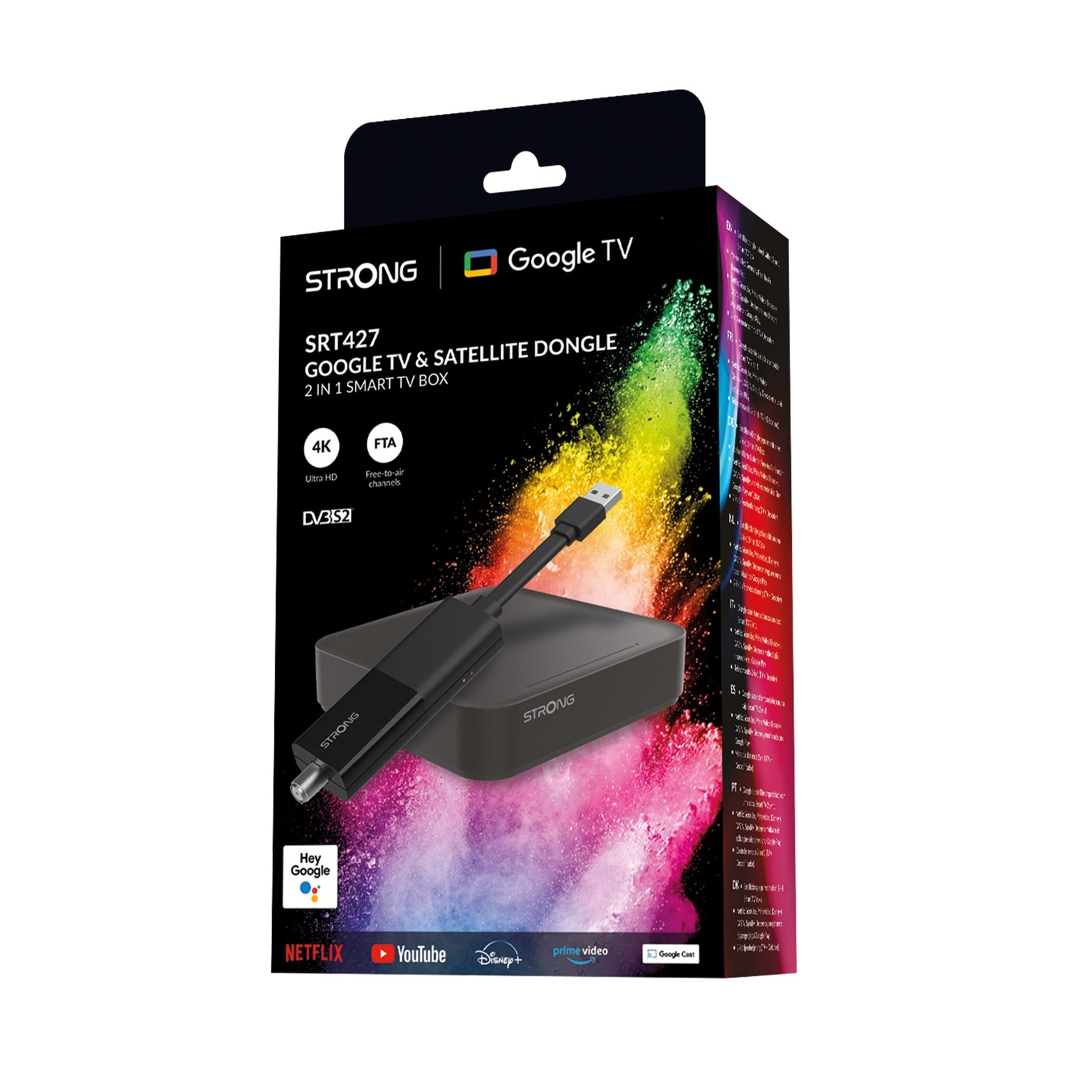 Scatola di un STRONG SRT427 Google TV & Satellite Dongle. Ha un dongle nero con cavo USB e la scatola mostra Google TV e altri loghi.