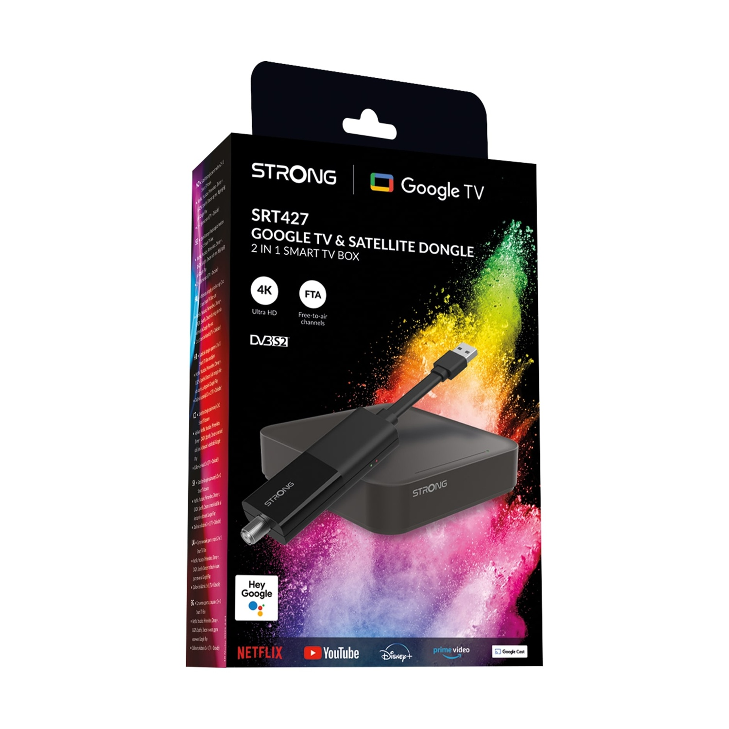 Un box Strong SRT427 Google TV. Include un dongle, una scatola nera e uno sfondo colorato. Loghi di Netflix, YouTube, Disney+ e Prime Video.