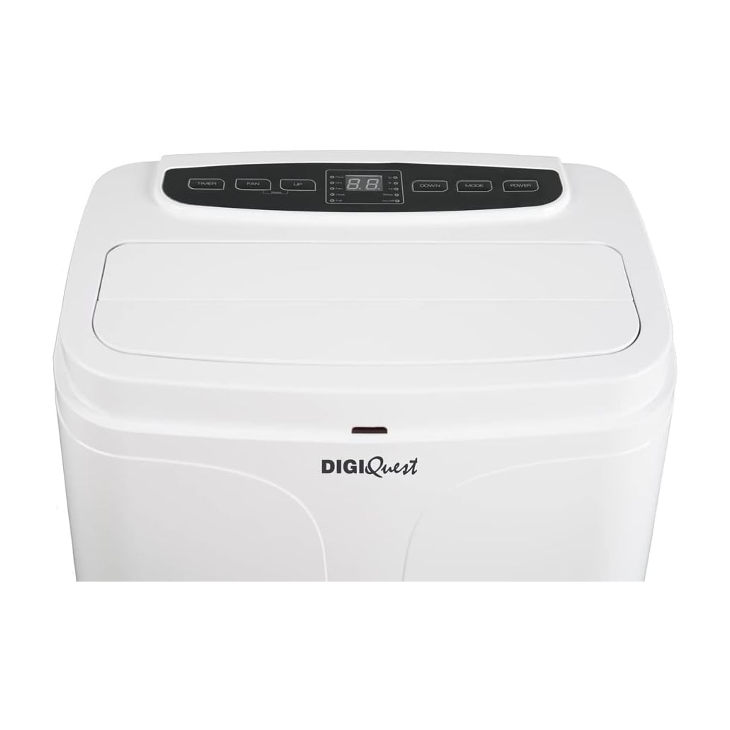 Un condizionatore d'aria DigiQuest bianco. Ha un pannello di controllo con pulsanti e un display digitale. Il logo è visibile.