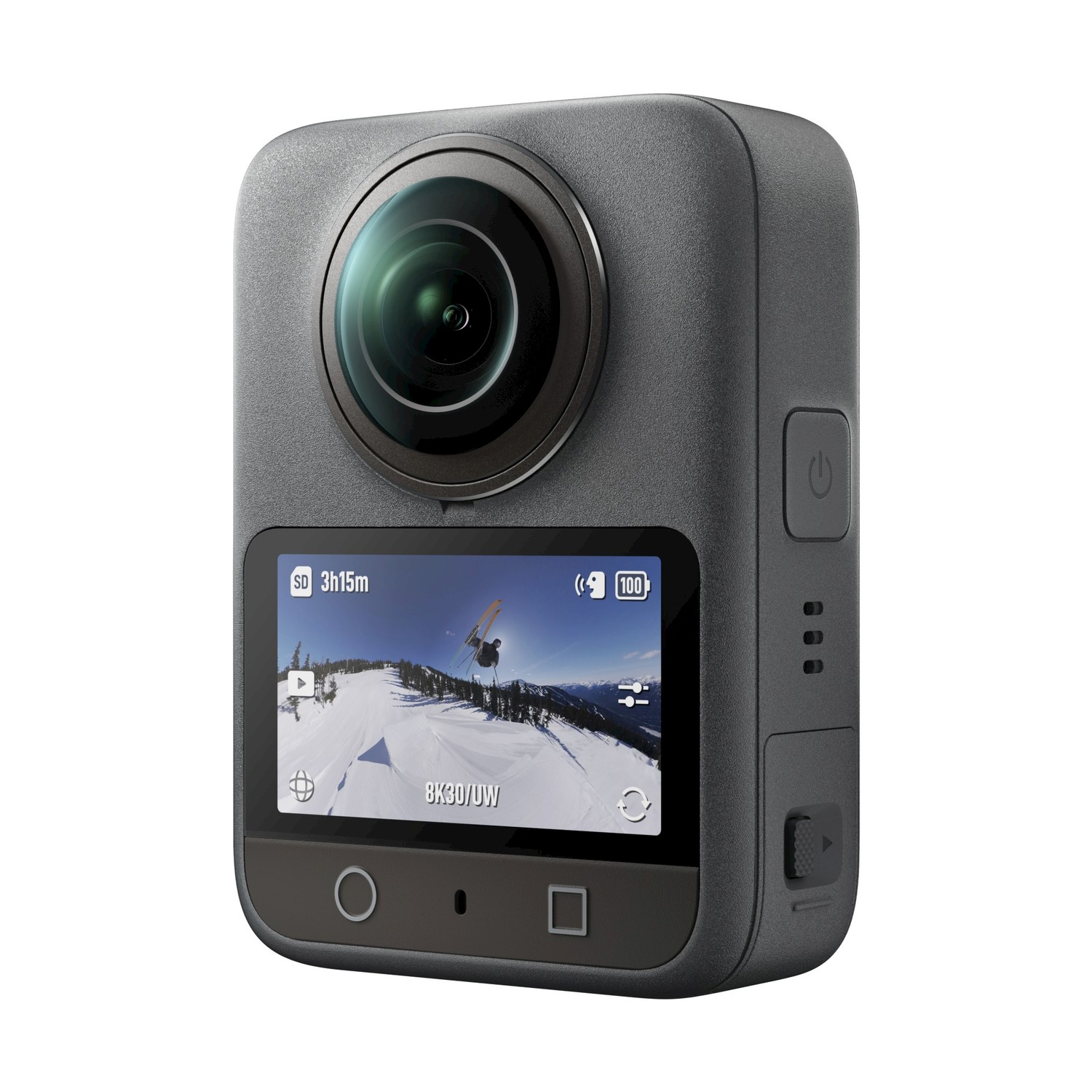 Graue 360-Grad-Kamera mit Objektiv und Bildschirm, der einen Skifahrer zeigt. Mit Ein/Aus-Taste und Bedientasten. Der Bildschirm zeigt 8K30/UW.