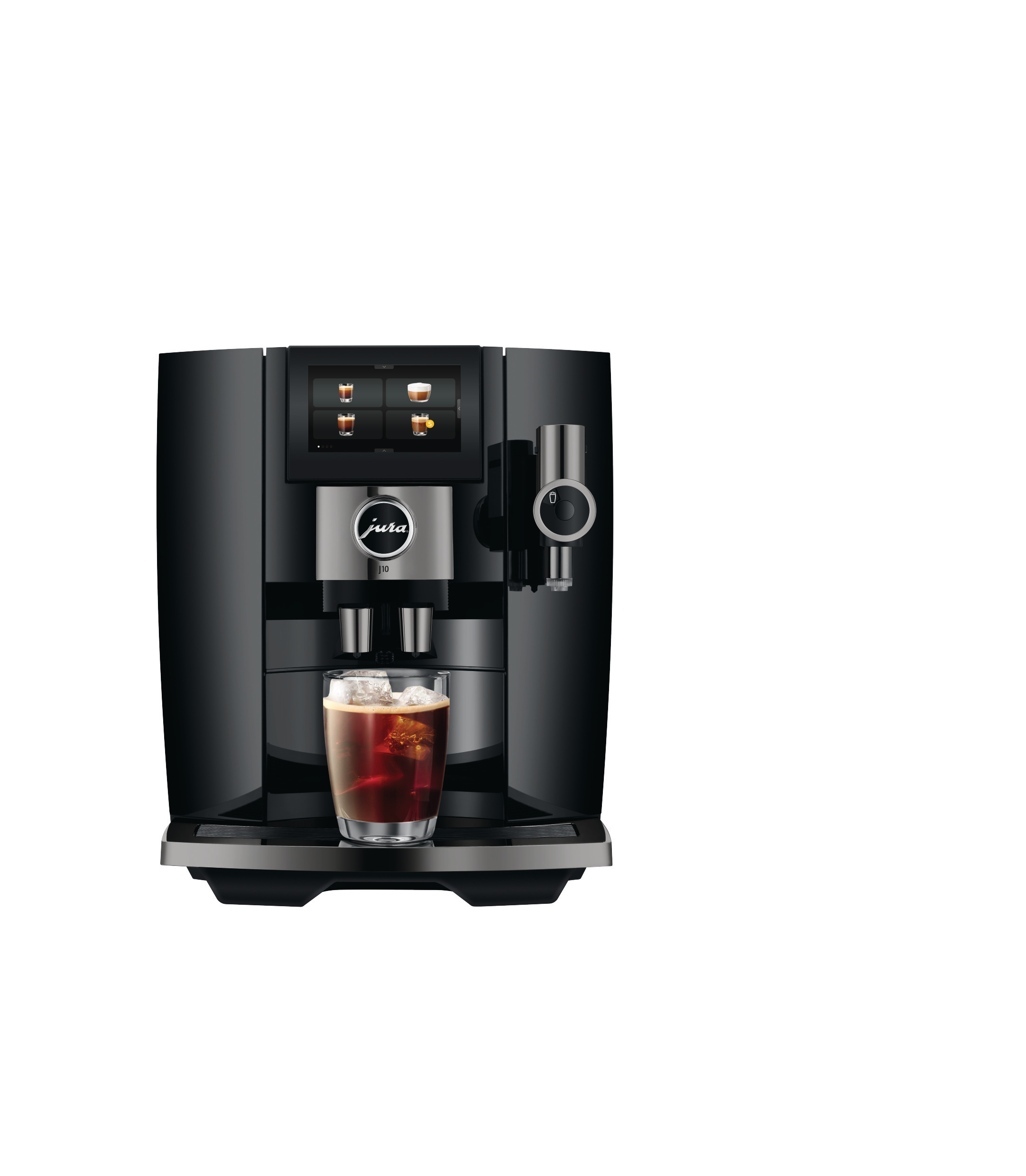 Schwarze Jura-Kaffeemaschine mit einem Glas Eiskaffee. Die Maschine hat einen Bildschirm und silberne Akzente.