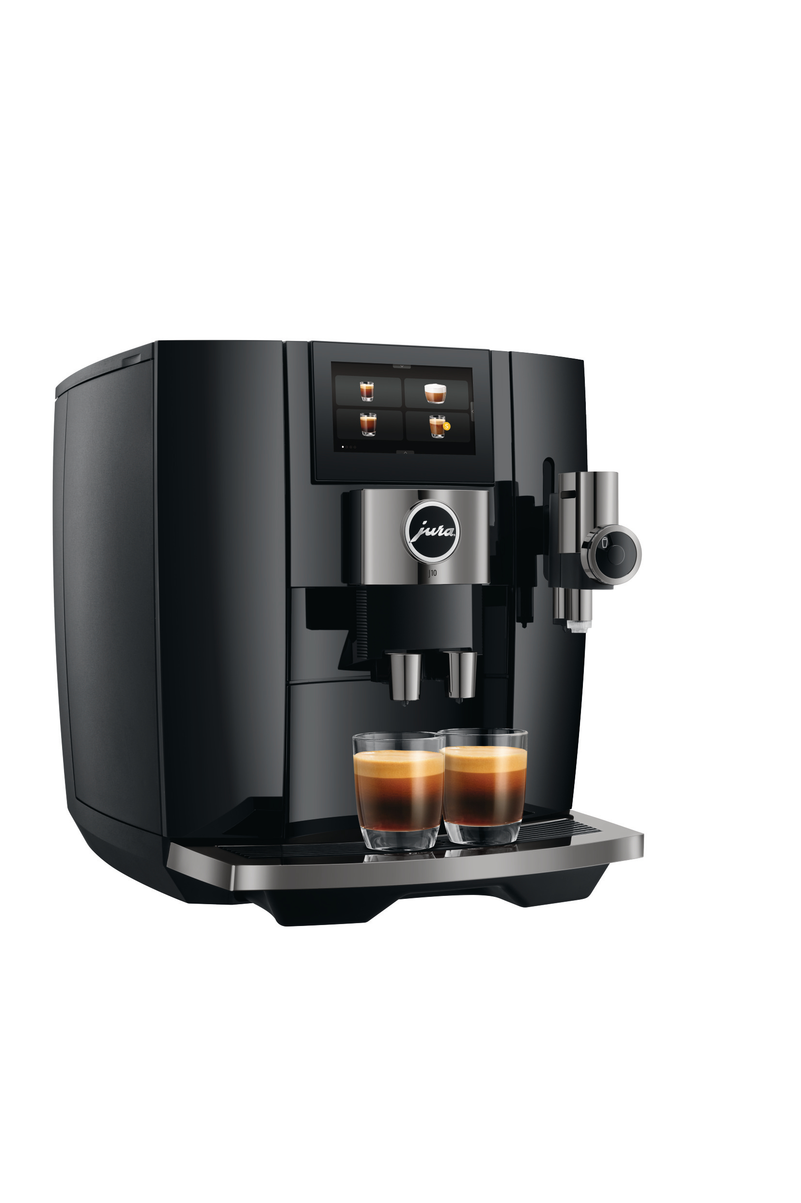 Eine schwarze Jura-Kaffeemaschine mit Touchscreen und zwei Espresso-Gläsern. Die Maschine hat ein silbernes Logo.