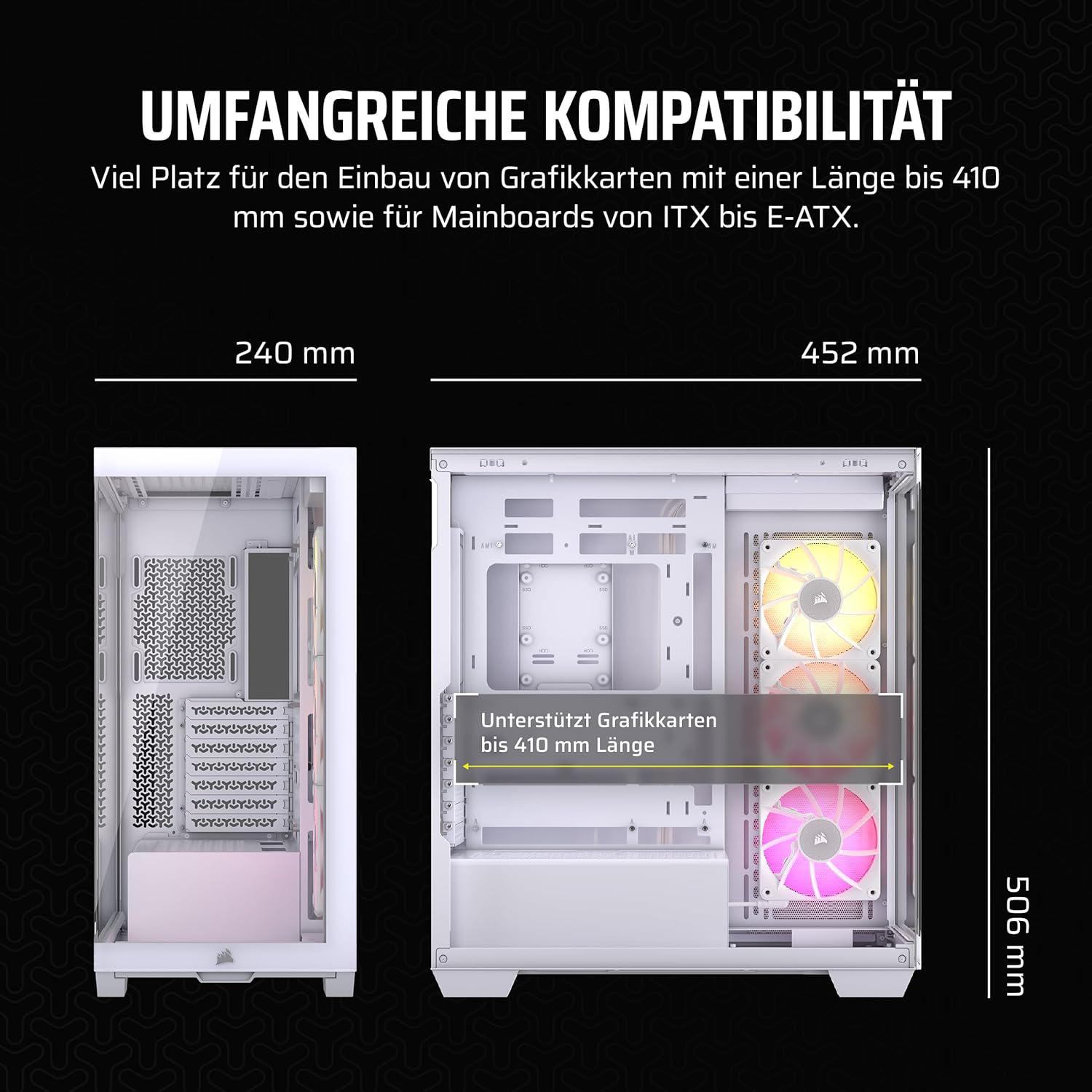 Weißes Computergehäuse mit Maßangaben. Zeigt die Platzierung der Lüfter, die Unterstützung für Grafikkarten und die Kompatibilität mit dem Motherboard.